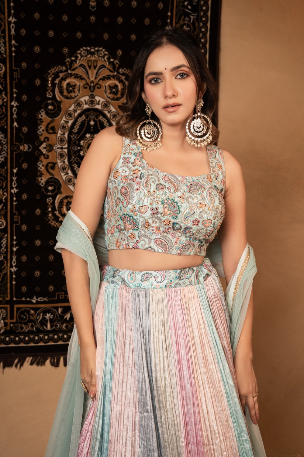 Multicolour pastel crepe silk lehenga choli with print and machine work