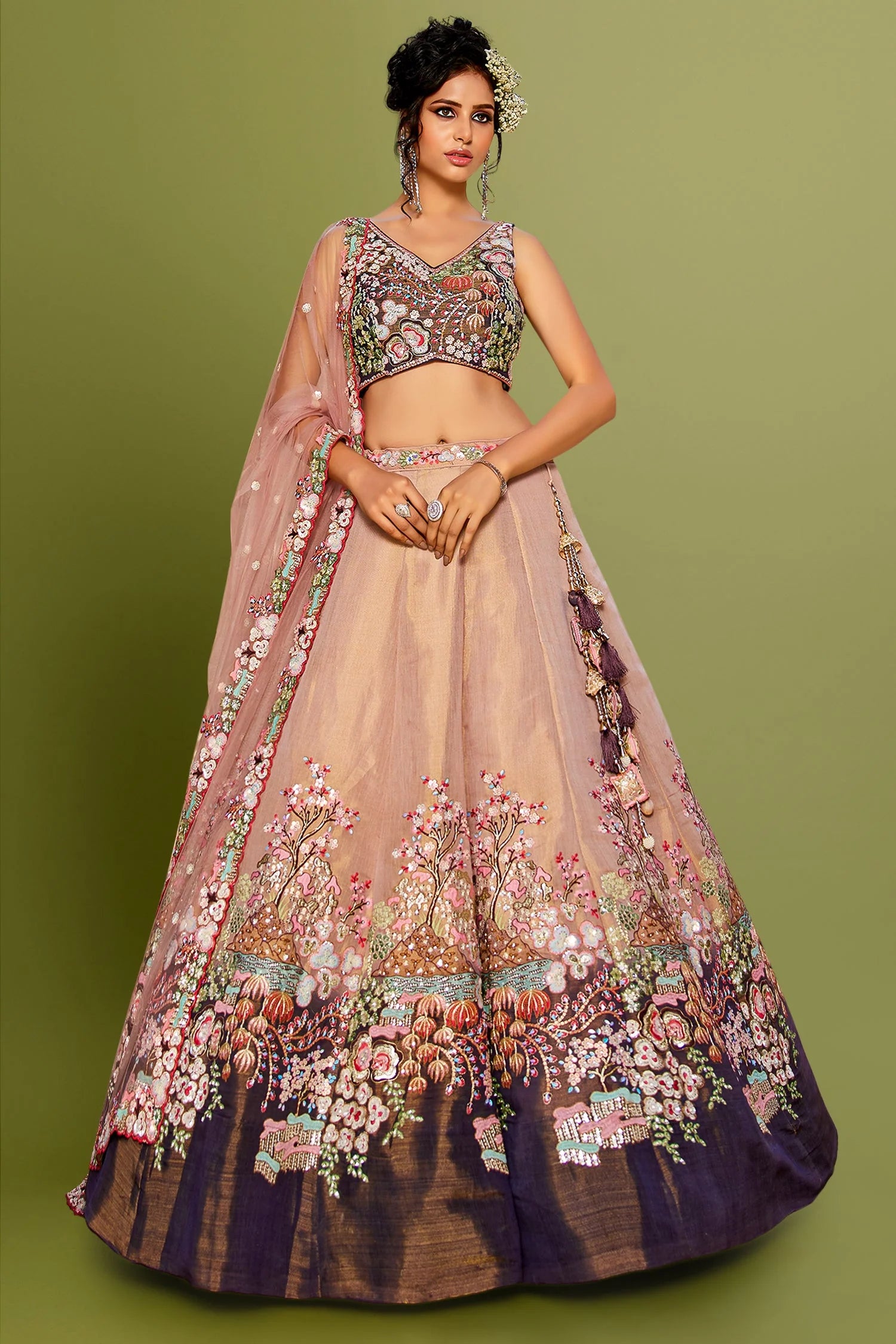 Peach Net Lehenga with Floral Embroidery & Sequin Detailing