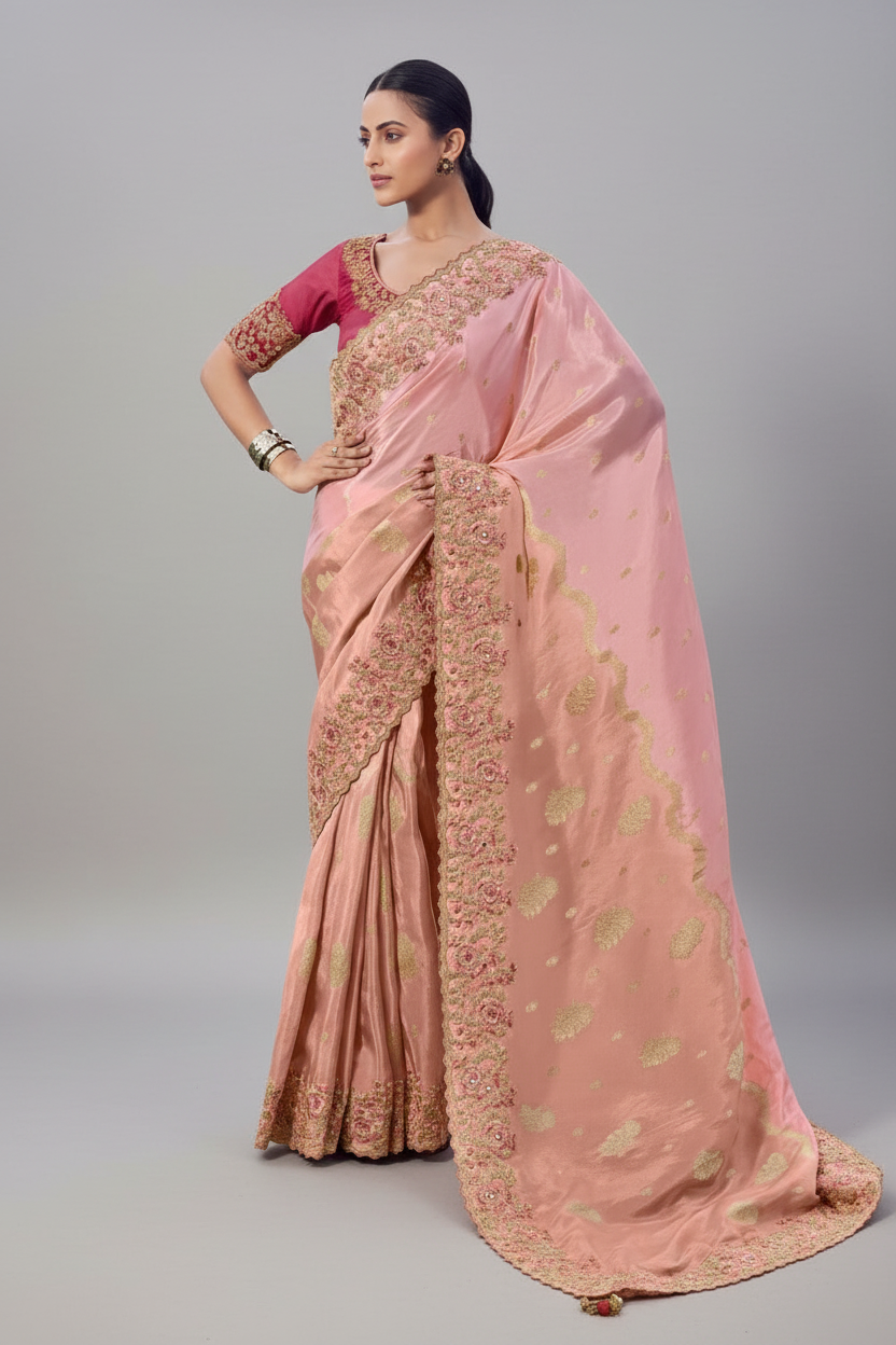 Light Pink Georgette Sequins and Moti Work Saree