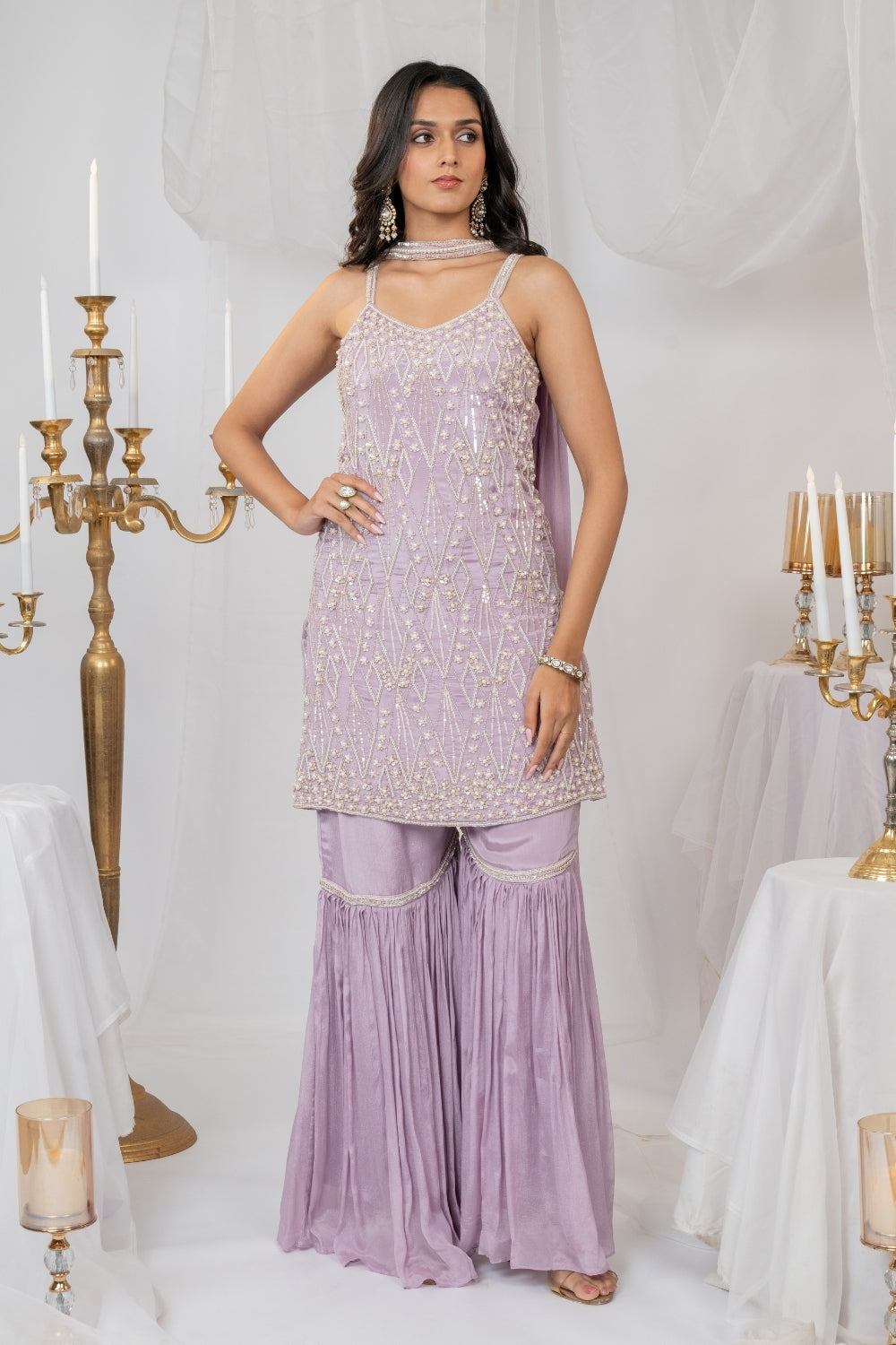 Lavender Crepe Silk Suit Set with Pearl and Sequins Work