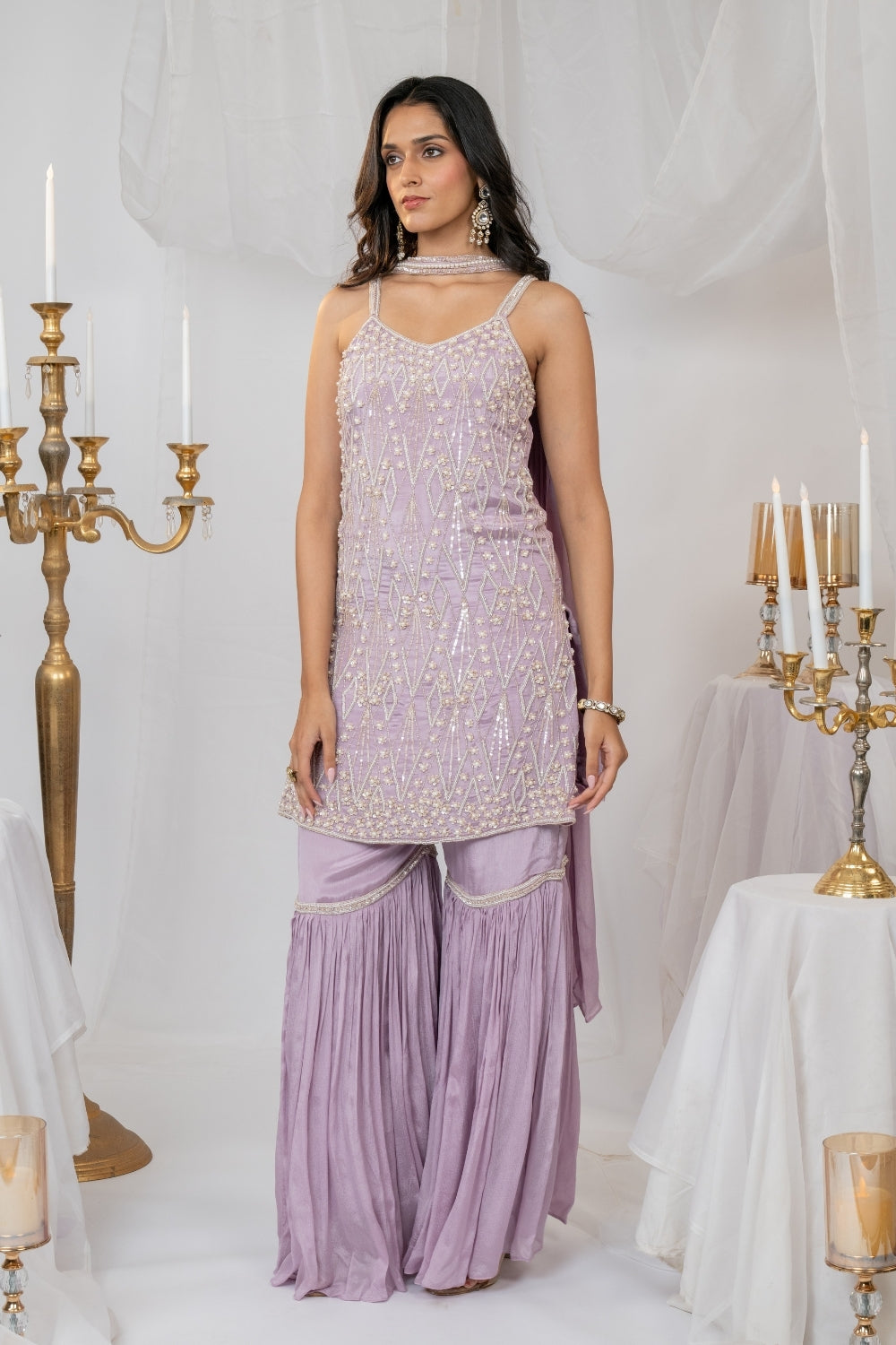 Lavender Crepe Silk Suit Set with Pearl and Sequins Work