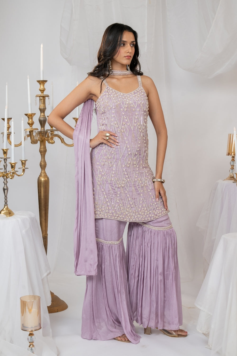 Lavender Crepe Silk Suit Set with Pearl and Sequins Work
