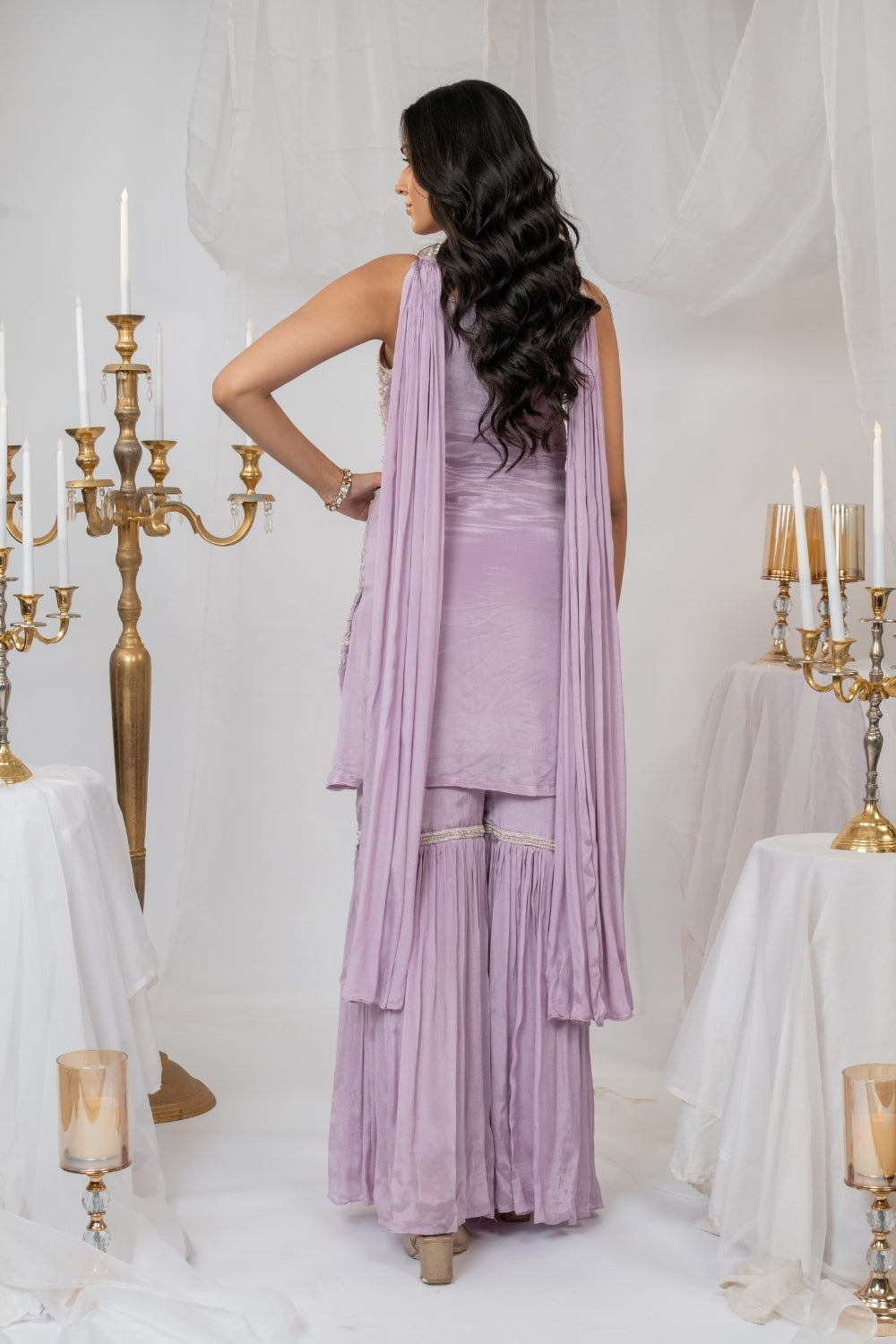 Lavender Crepe Silk Suit Set with Pearl and Sequins Work