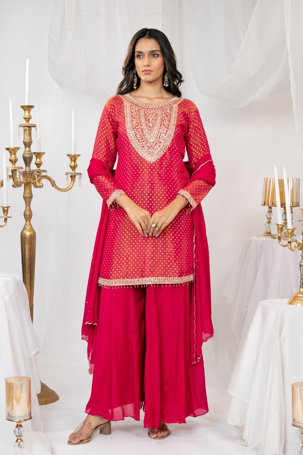 Rani Pink Tissue Suit Set with Moti and Cutdana Work