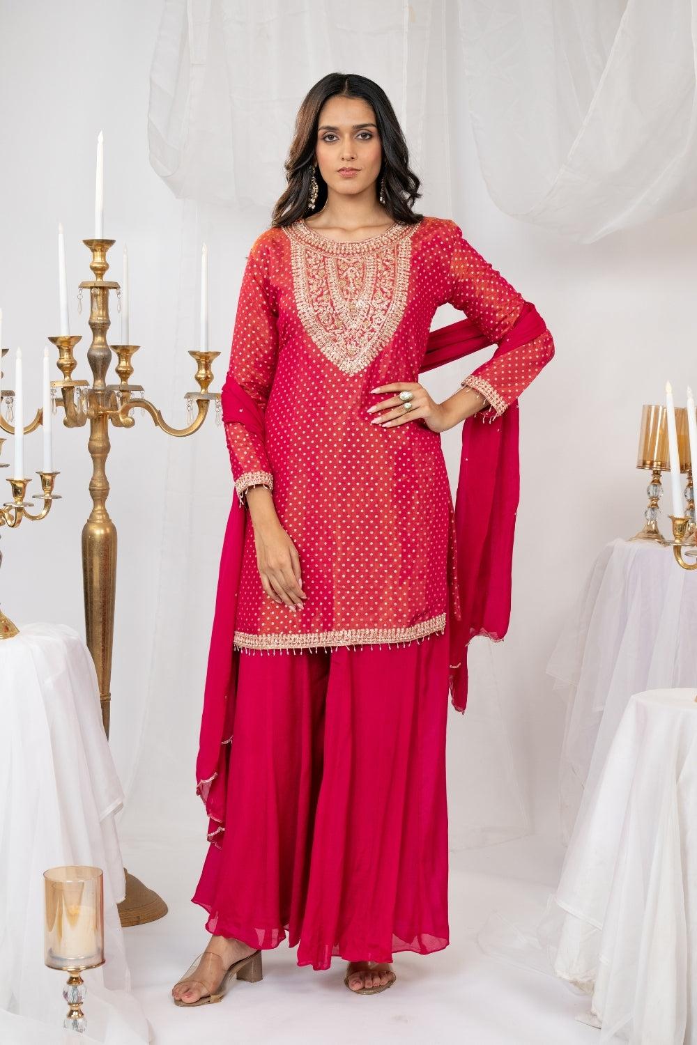 Rani Pink Tissue Suit Set with Moti and Cutdana Work