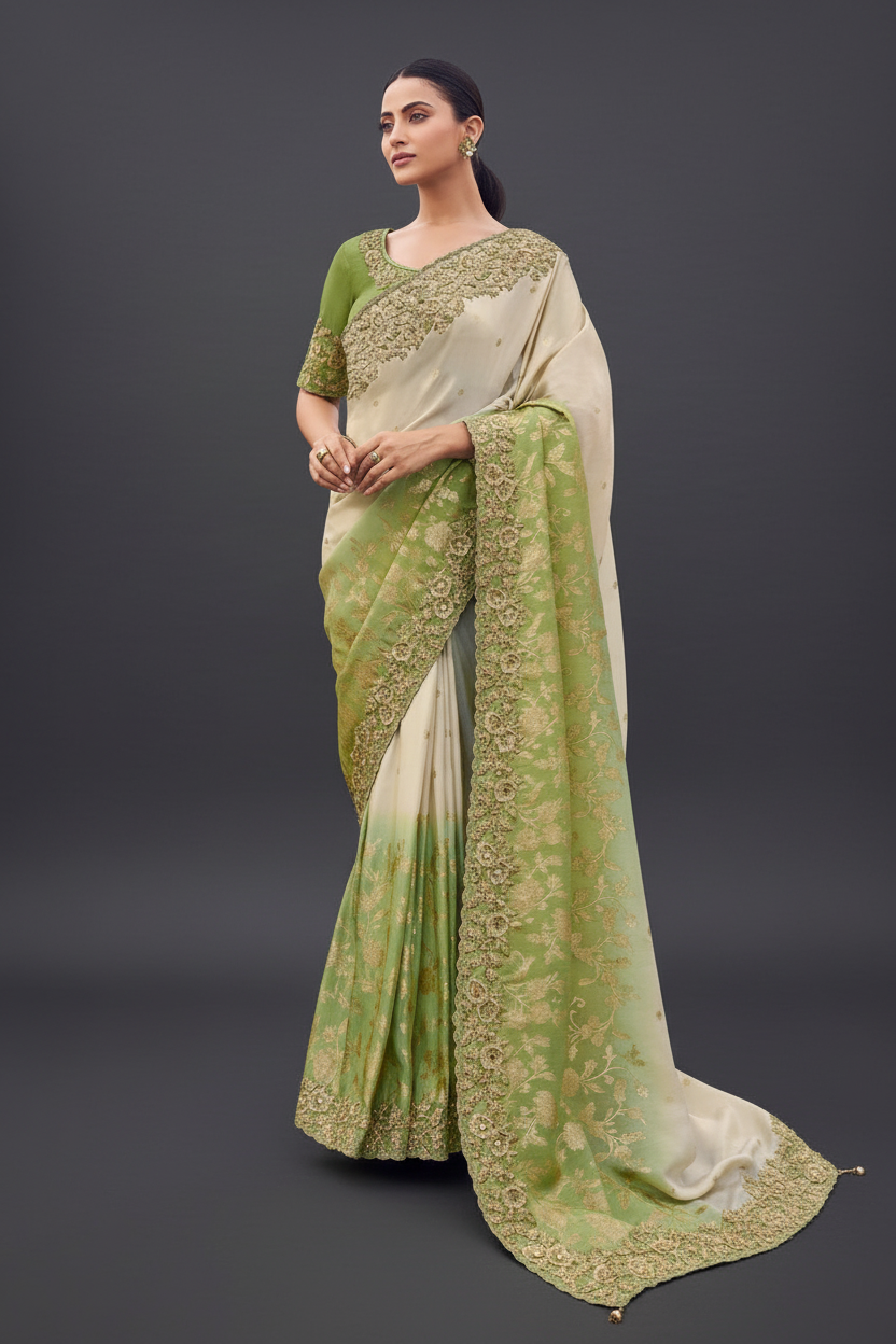 Beige Georgette Moti and Sequins Work Saree