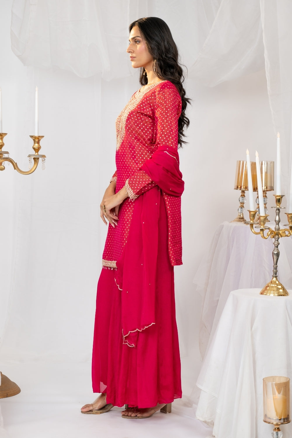 Rani Pink Tissue Suit Set with Moti and Cutdana Work