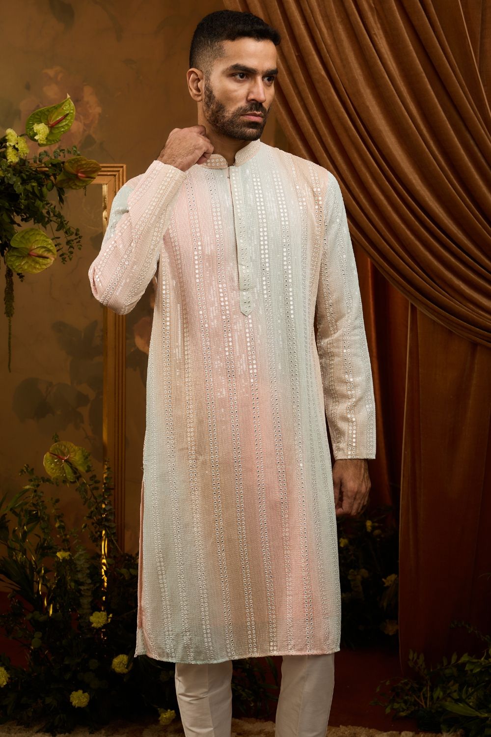 Pista silk kurta pajama set with white embroidery thread and sequin work