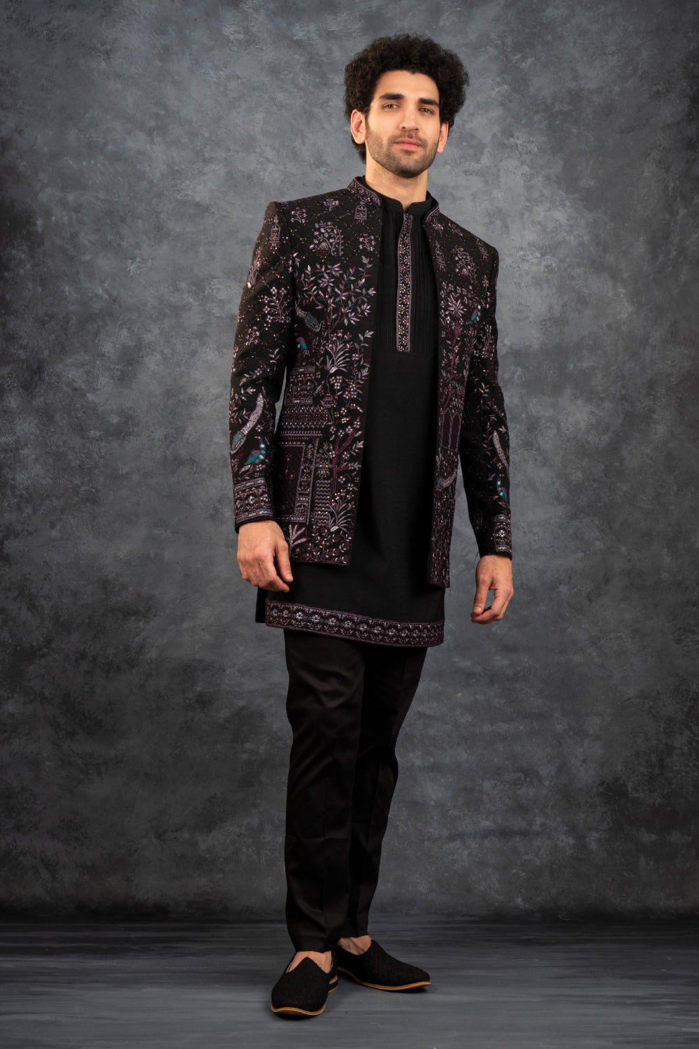 Black silk open Indo Western with silver thread embroidery and sequins work