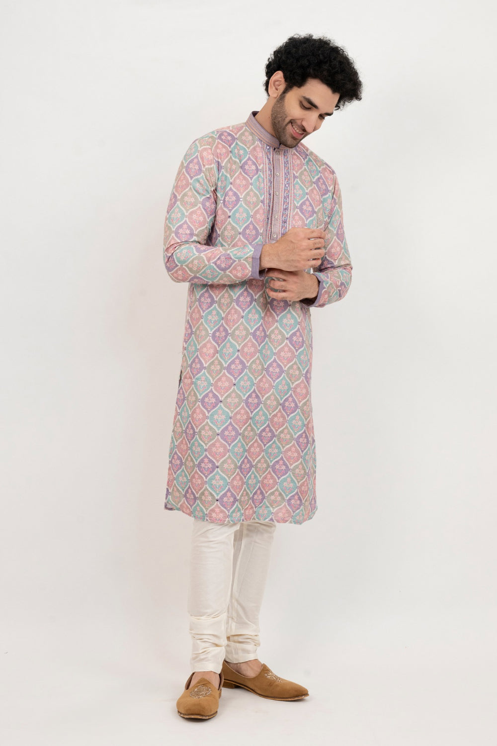 Multicolour lucknowi position print kurta set with mirror and thread work on yoke