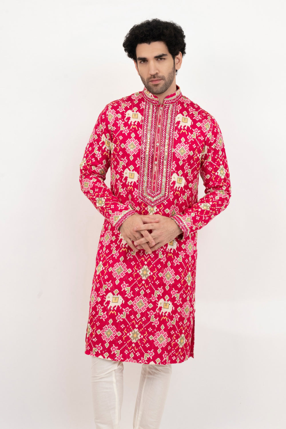 Fuchsia pink resham embroidered satin linen kurta set with kasab and mirror work