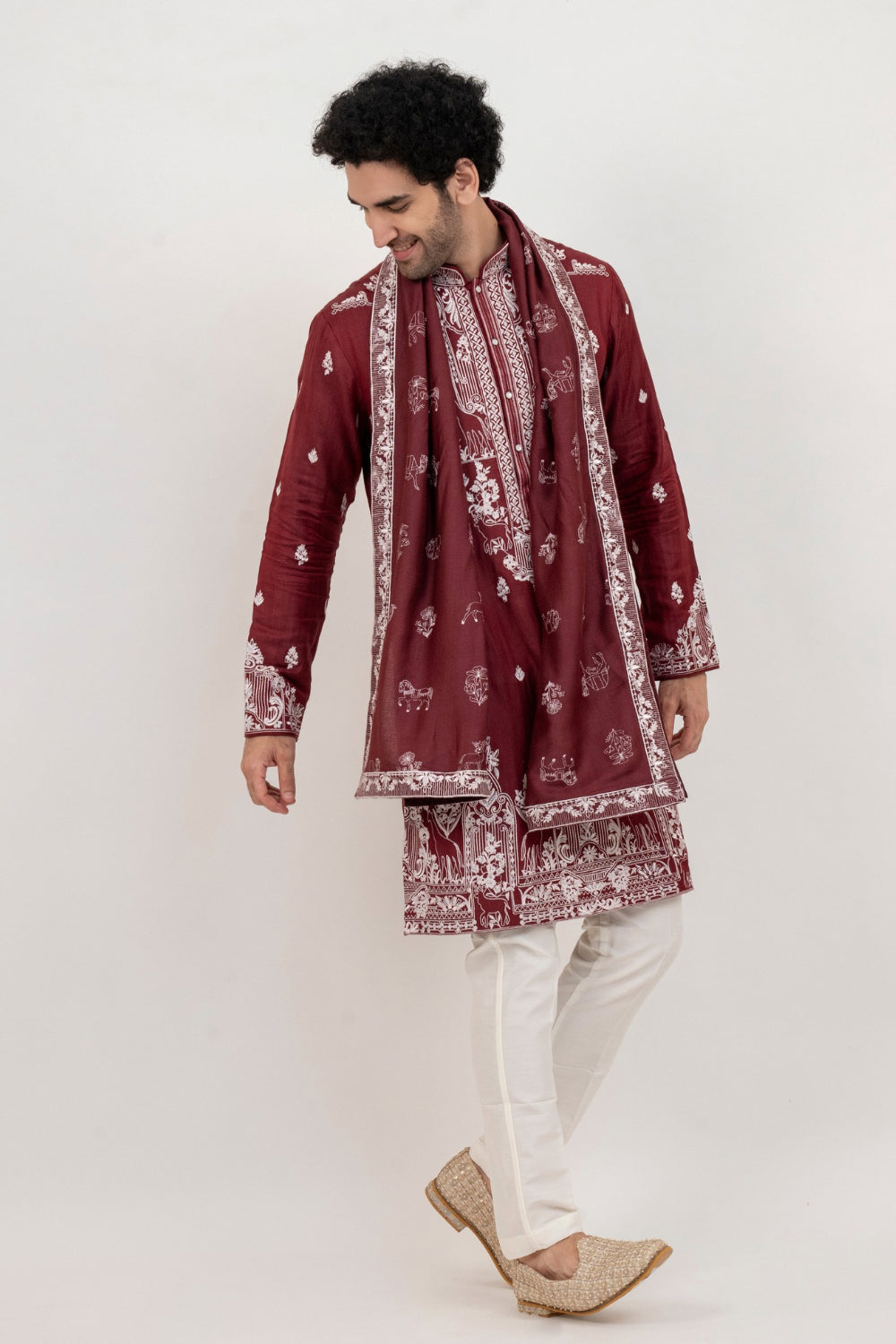 Burgandy resham embroidered malai silk kurta set with sequin and stone work