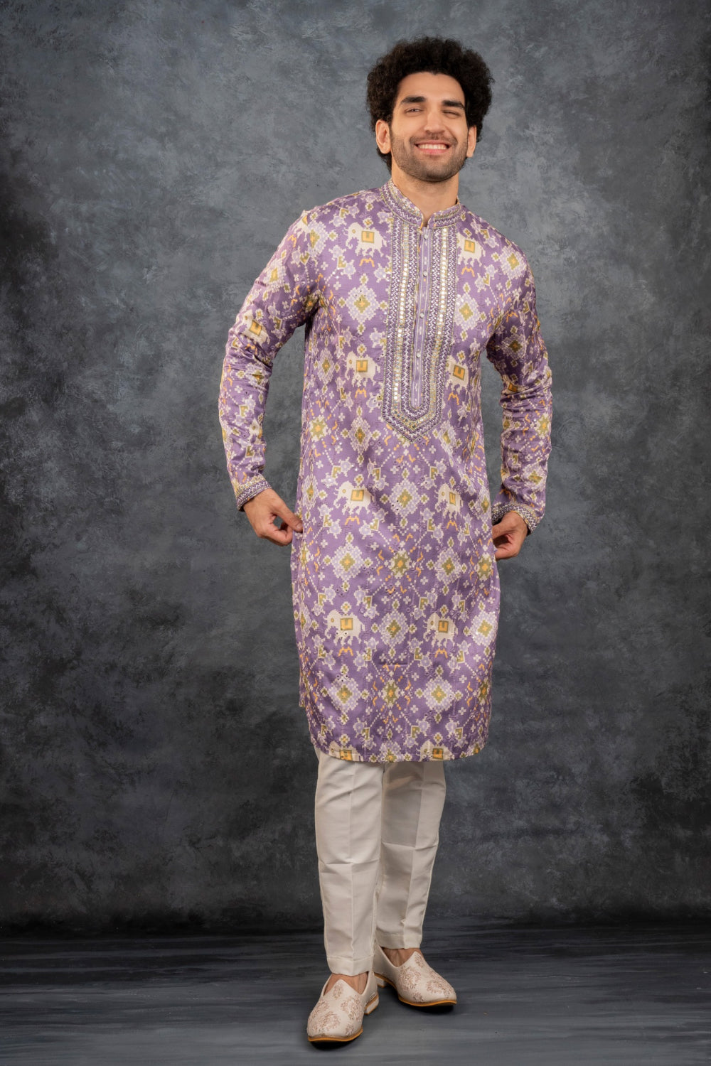 Lilac printed silk kurta set with mirror embroidery