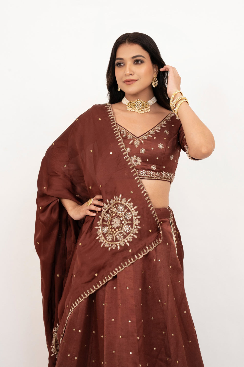 Brown soft silk zardozi embroidered lehenga choli with hand cut dana