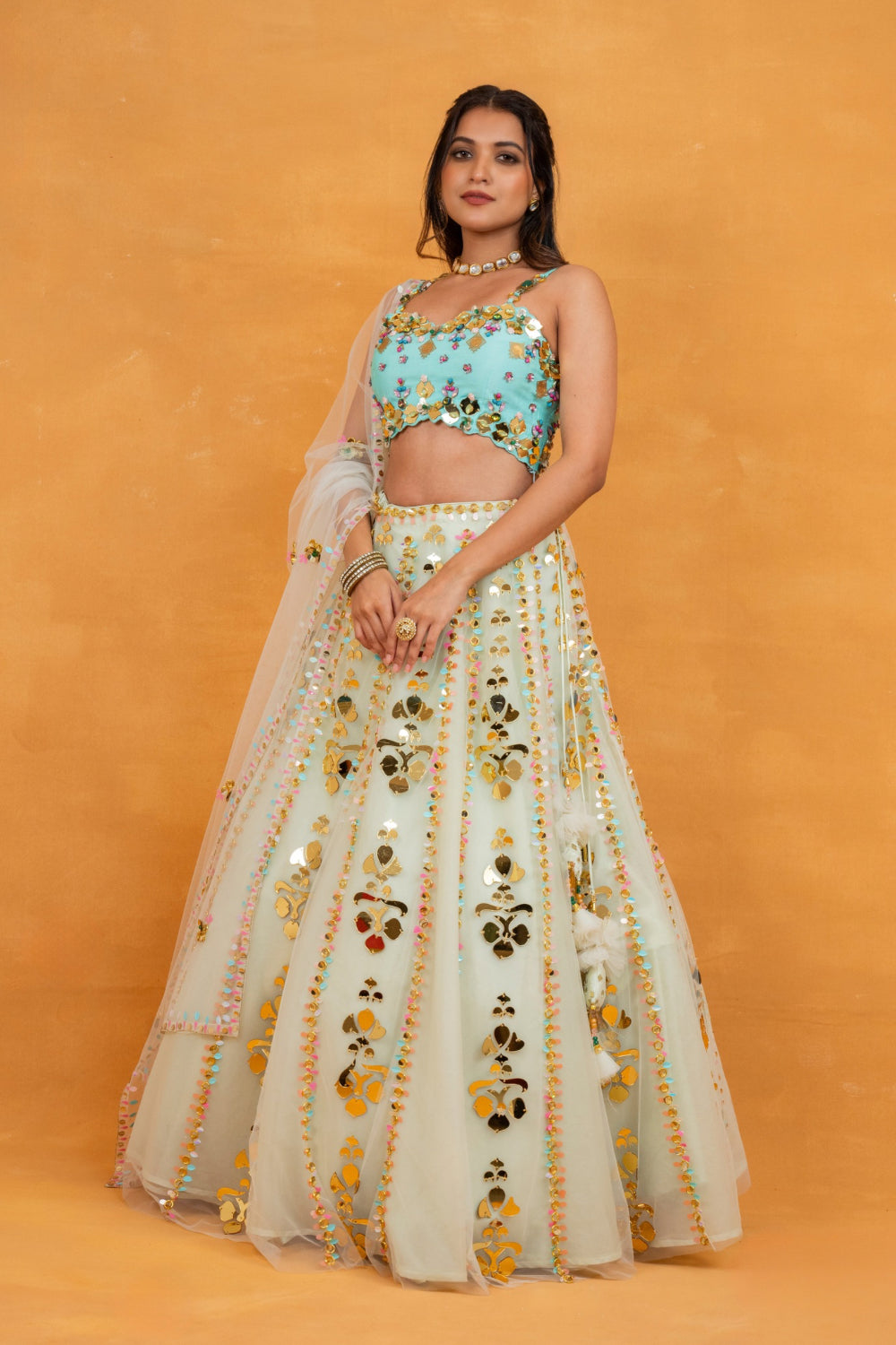 Blue & Off-White net lehenga choli with acrylic work