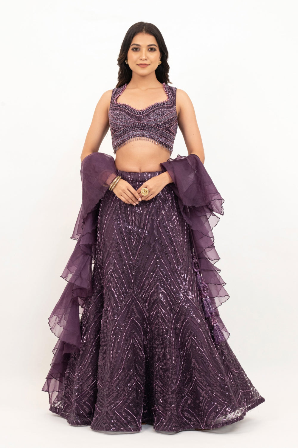 Plum net lehenga choli with sequins and hand cut dana work