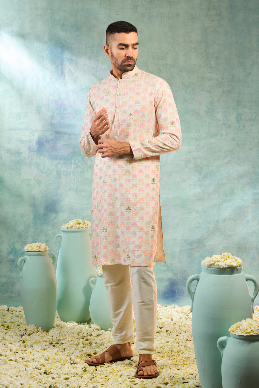 Sea blue silk kurta set with thread and sequence work