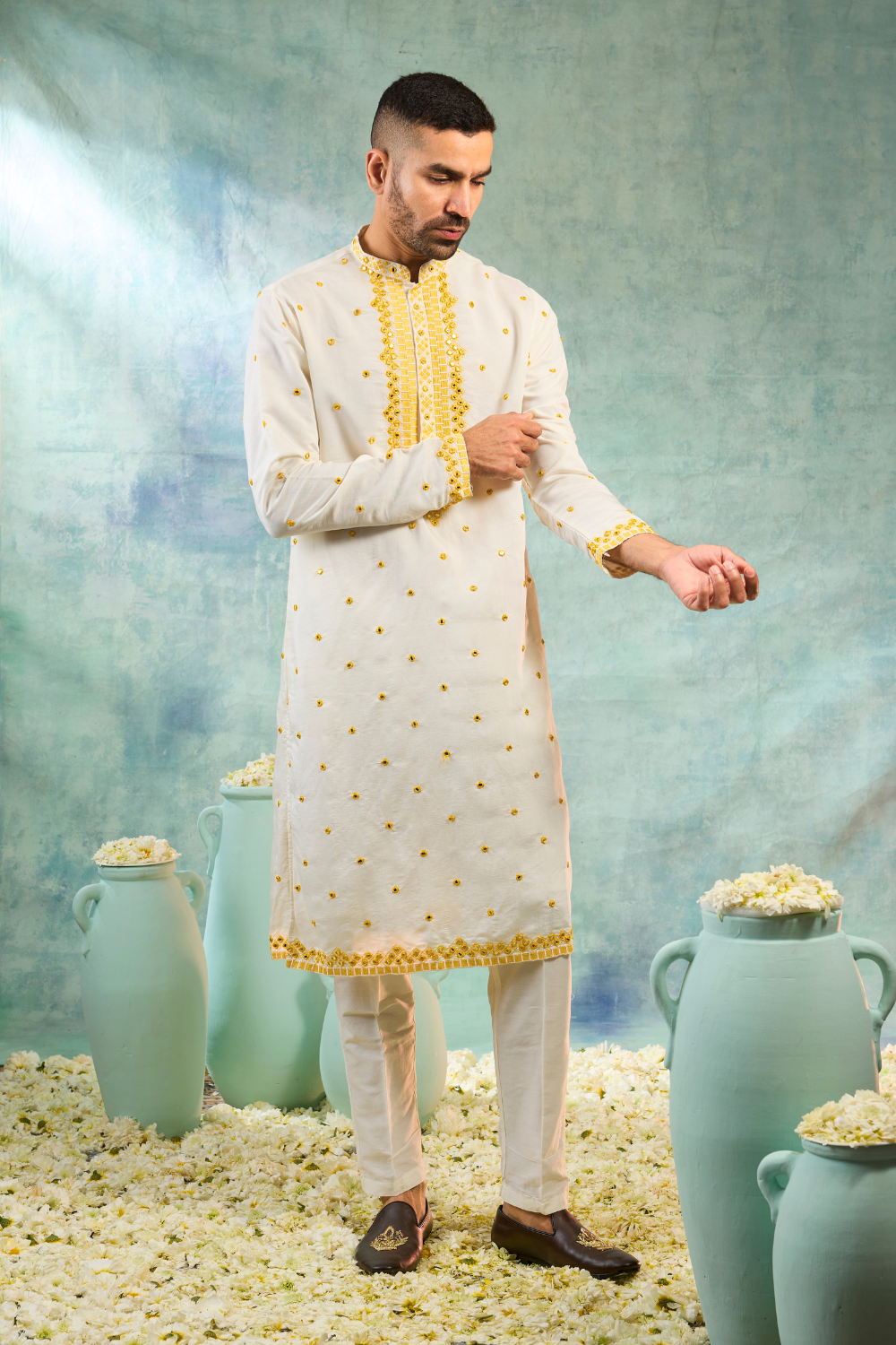 White & yellow silk koti set with thread and mirror work