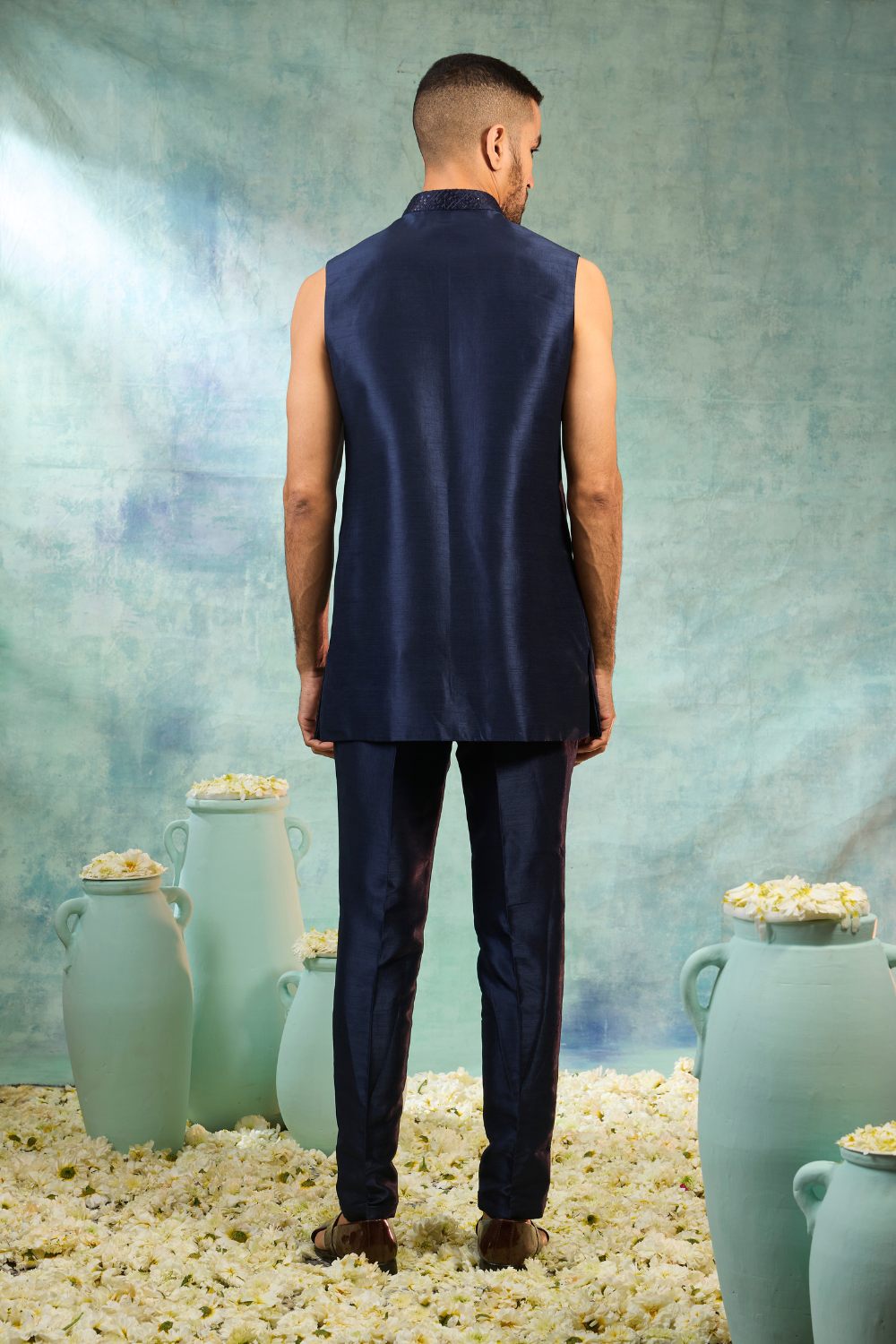 Deep blue silk Indo-Western with sequins work