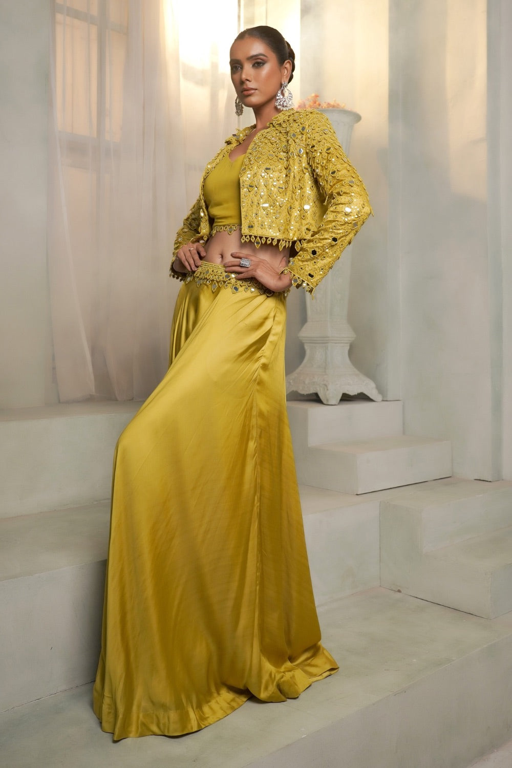 Bright yellow gaji silk Indo western