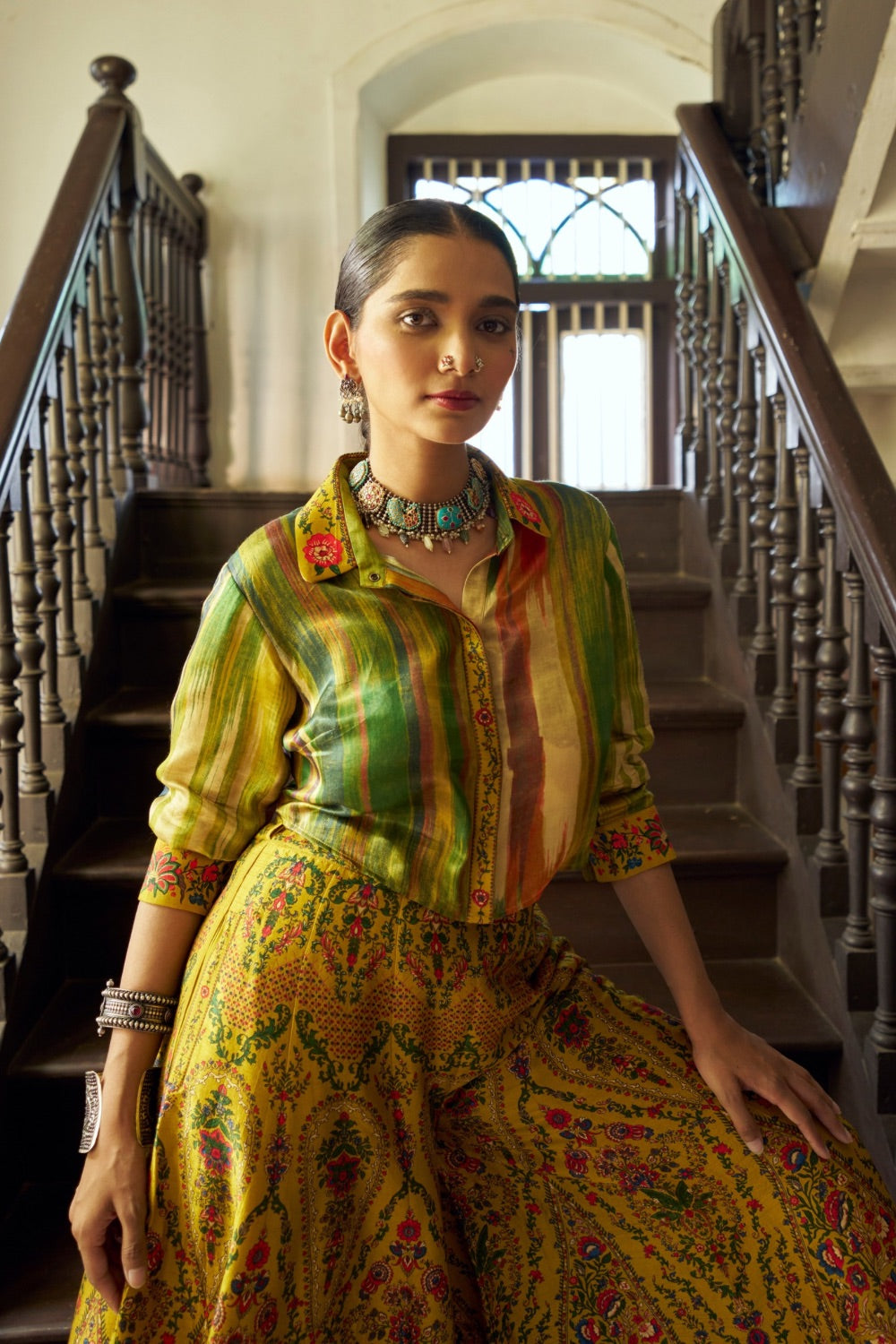 Yellow printed silk Indo Western