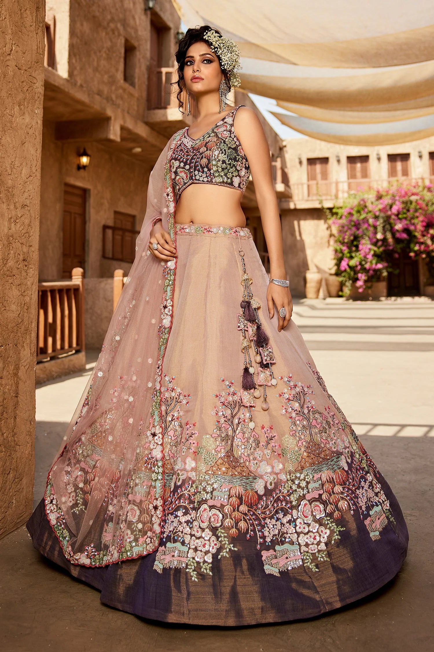 Peach Net Lehenga with Floral Embroidery & Sequin Detailing