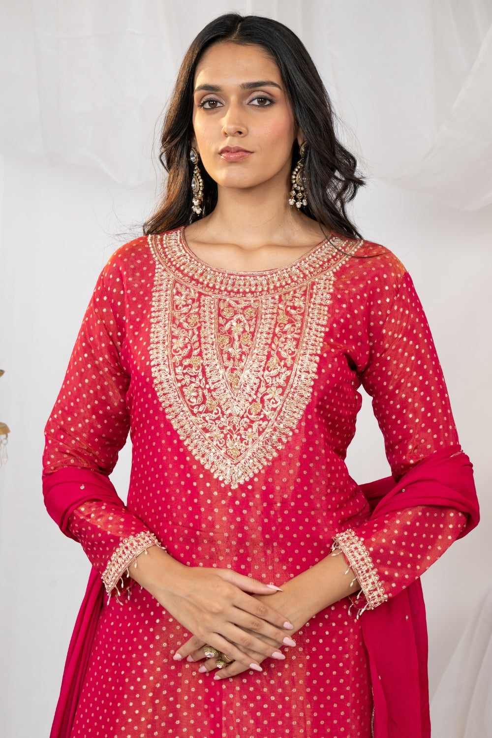Rani Pink Tissue Suit Set with Moti and Cutdana Work