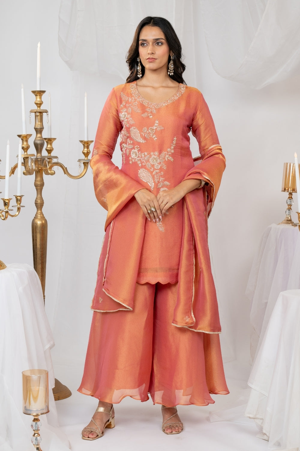 Orange Tissue Suit Set with Sequins and Zardosi Work