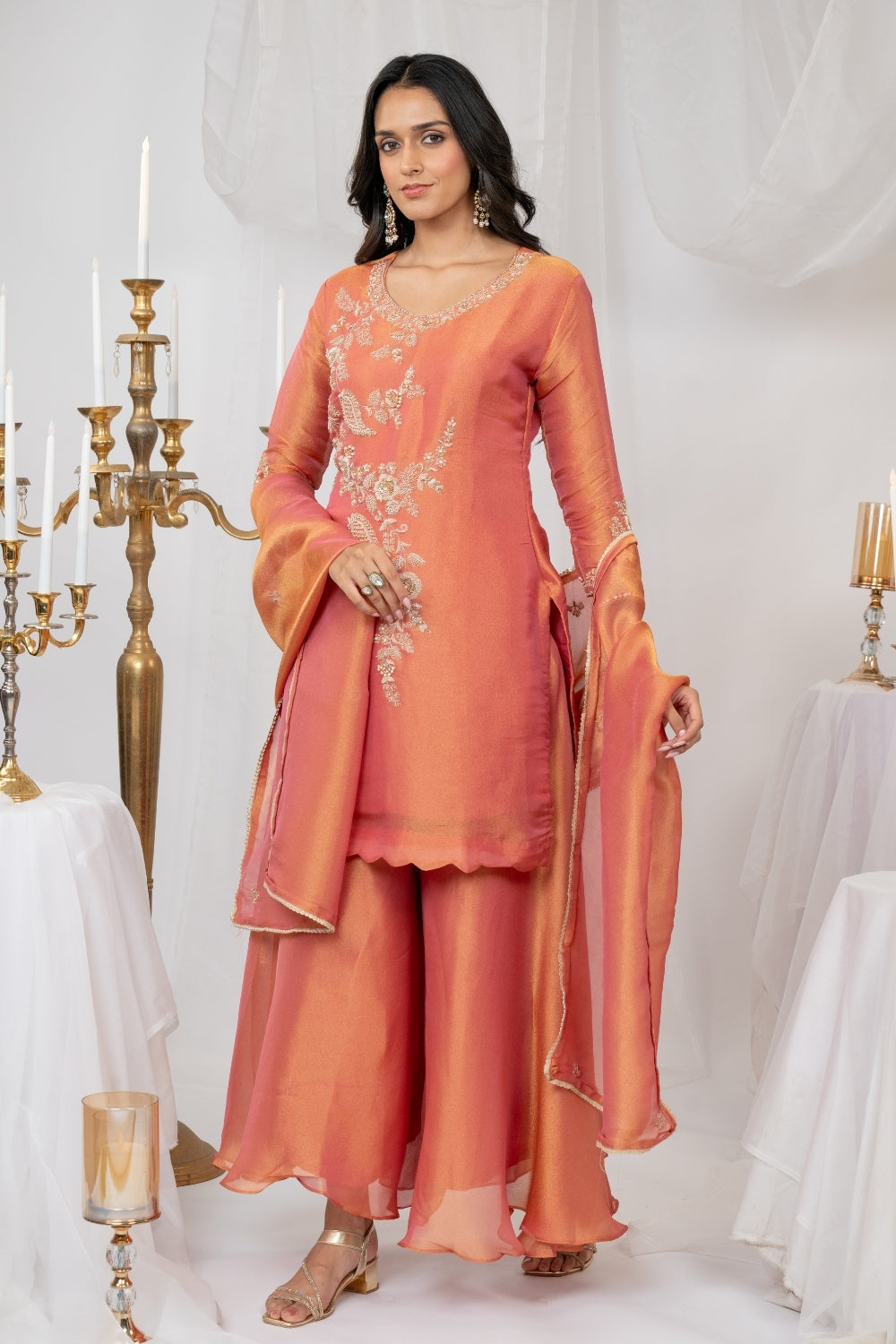Orange Tissue Suit Set with Sequins and Zardosi Work