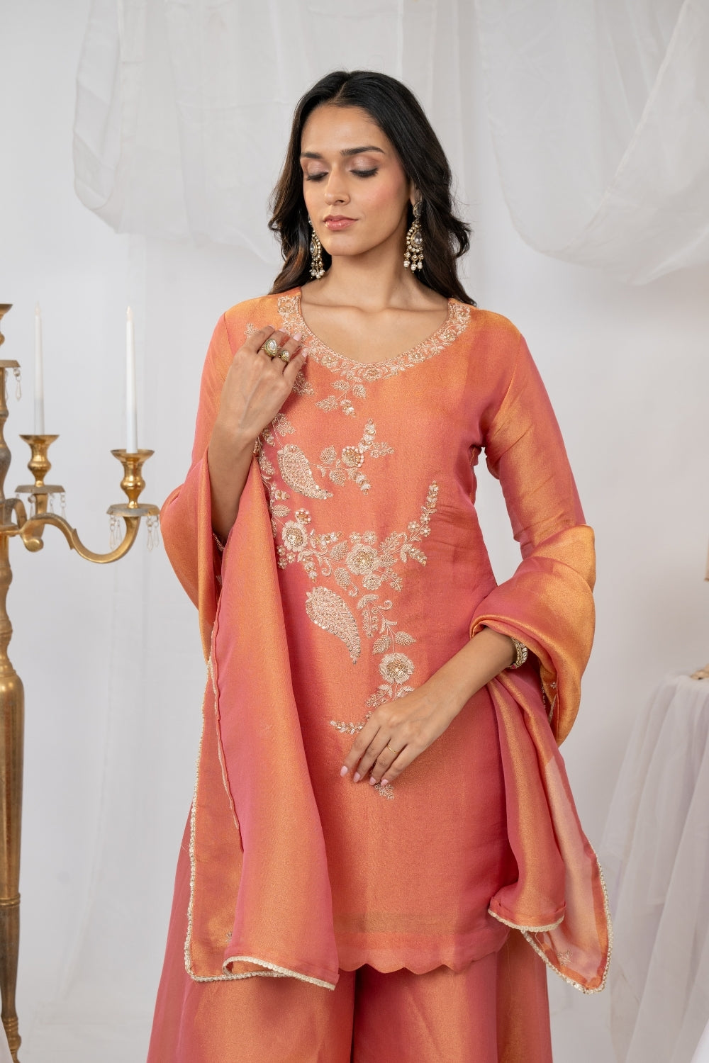 Orange Tissue Suit Set with Sequins and Zardosi Work