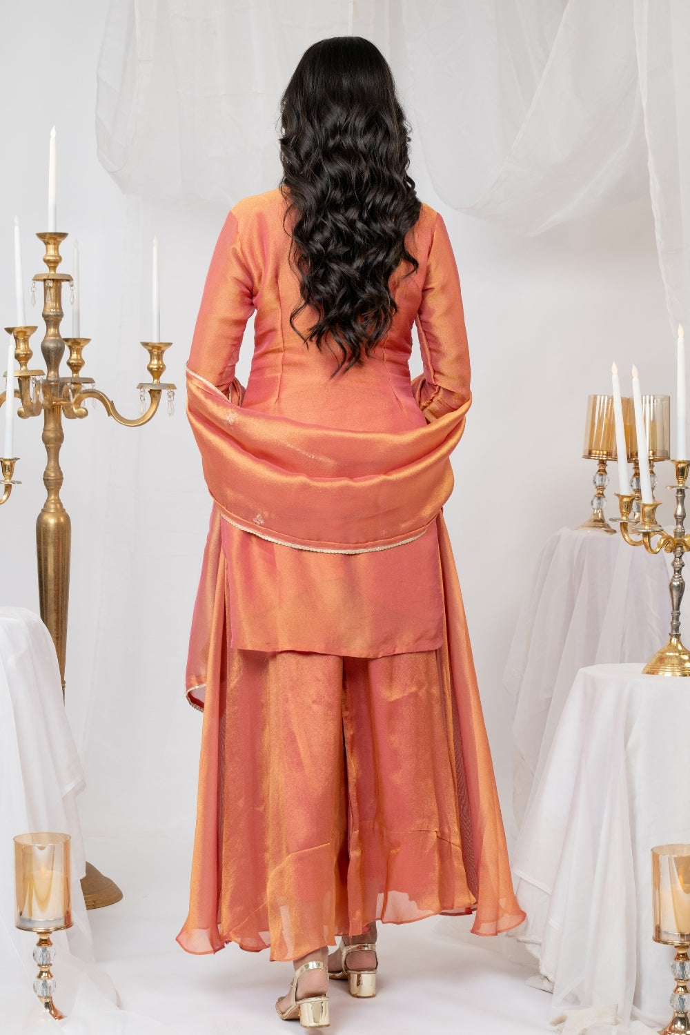 Orange Tissue Suit Set with Sequins and Zardosi Work