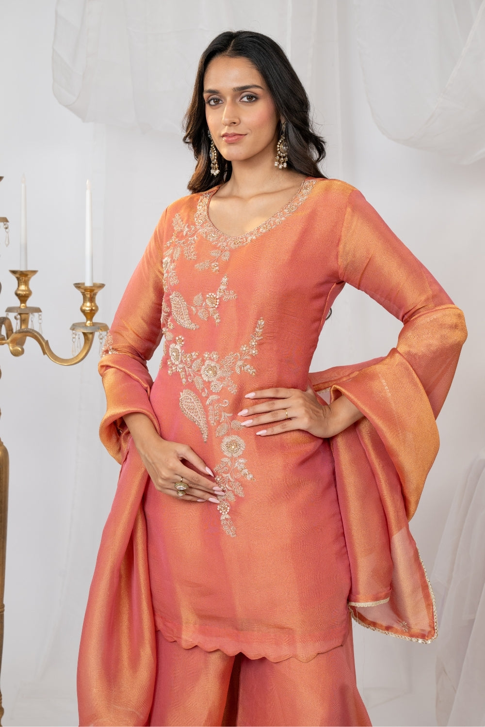 Orange Tissue Suit Set with Sequins and Zardosi Work