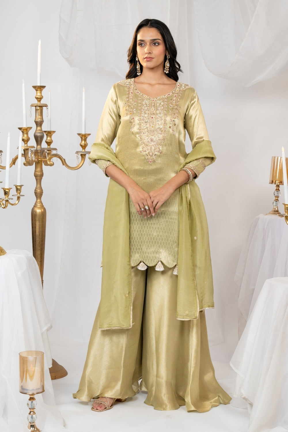 Pista Green Tissue Suit Set with Sequins and Zardosi Work