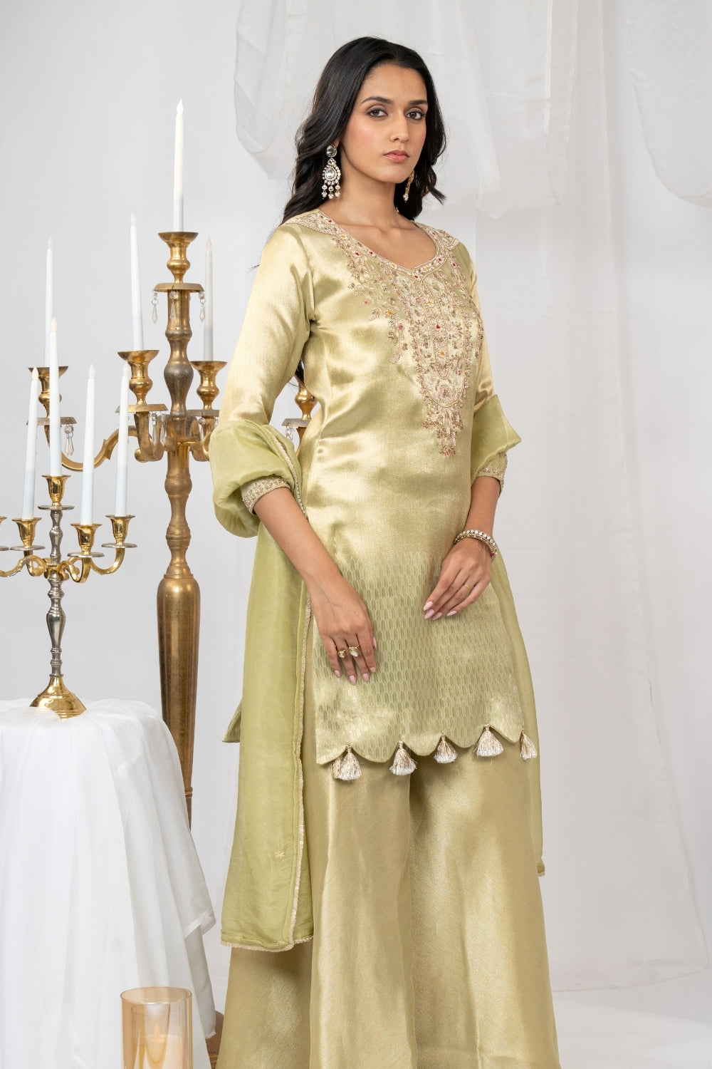 Pista Green Tissue Suit Set with Sequins and Zardosi Work