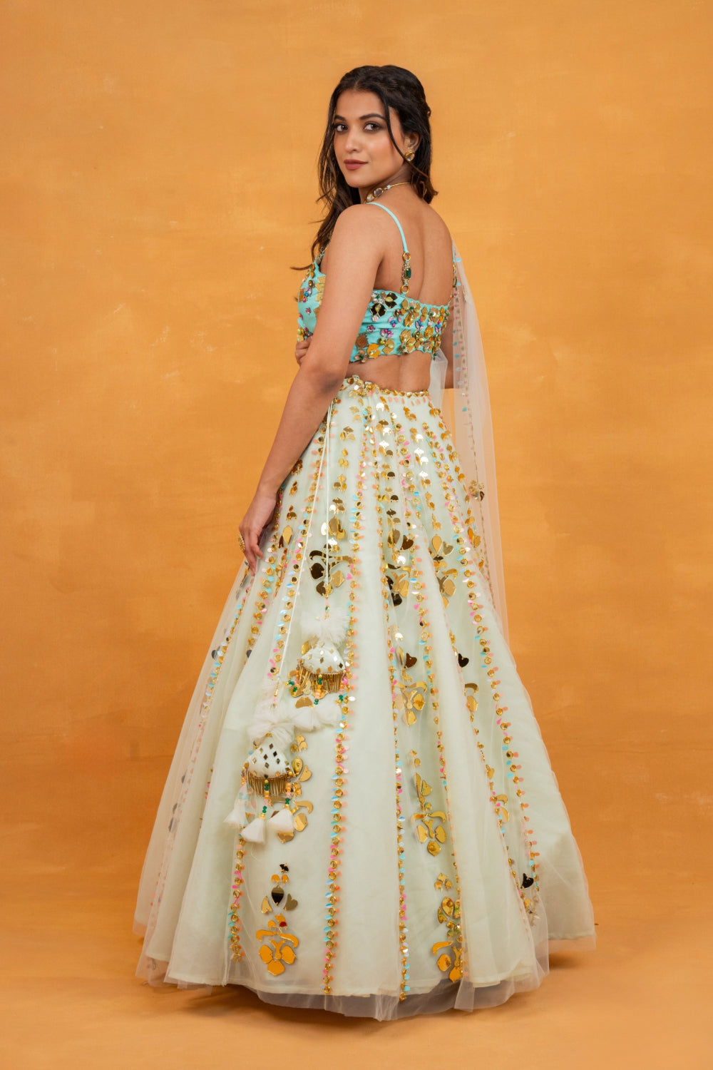 Blue & Off-White net lehenga choli with acrylic work