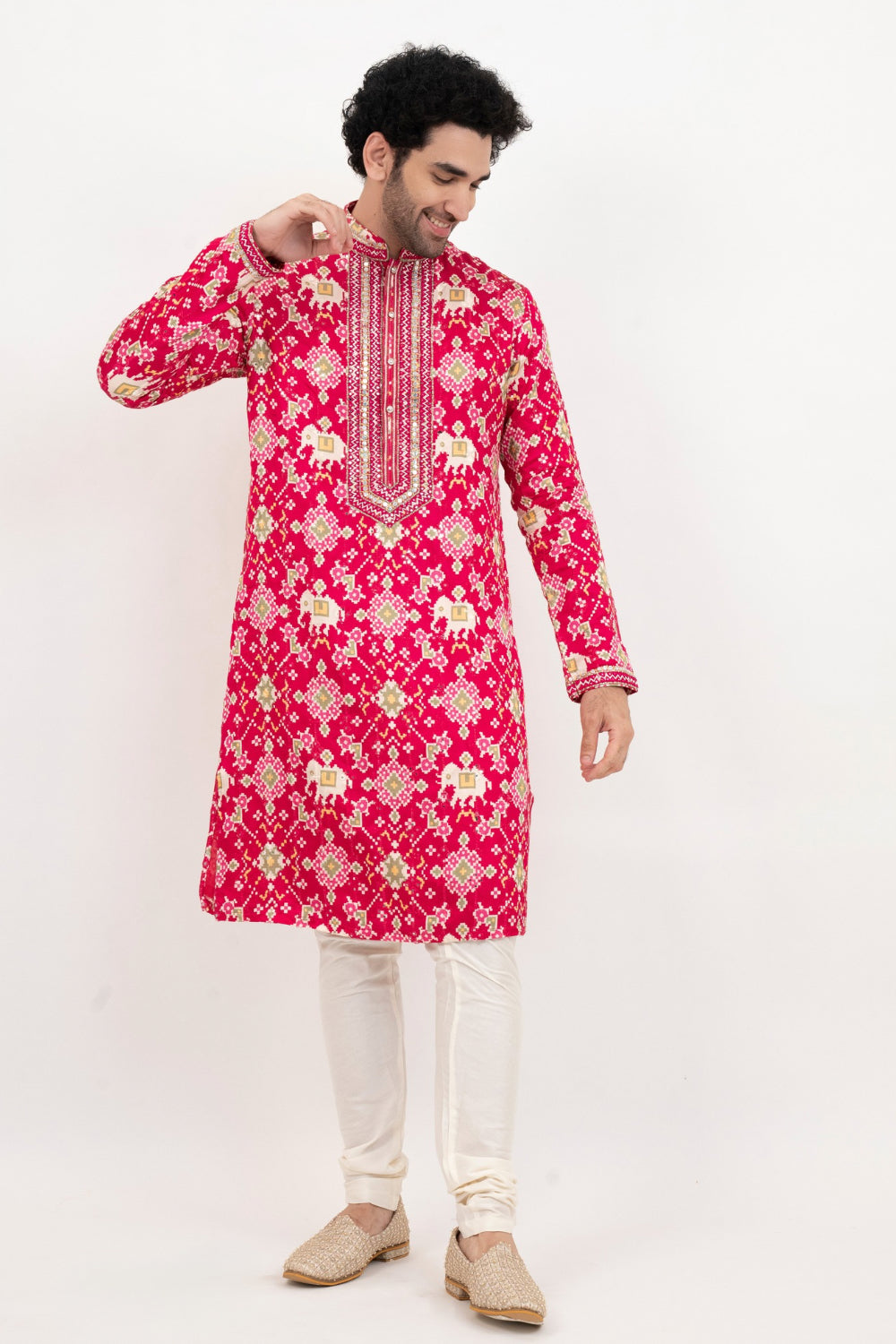 Fuchsia pink resham embroidered satin linen kurta set with kasab and mirror work