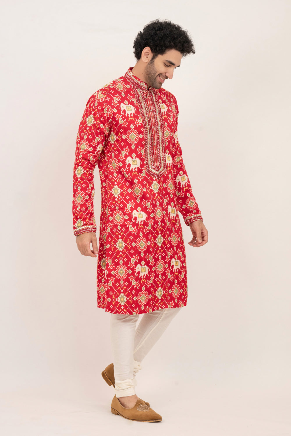 Bright red resham embroidered satin linen kurta set with kasab and mirror work