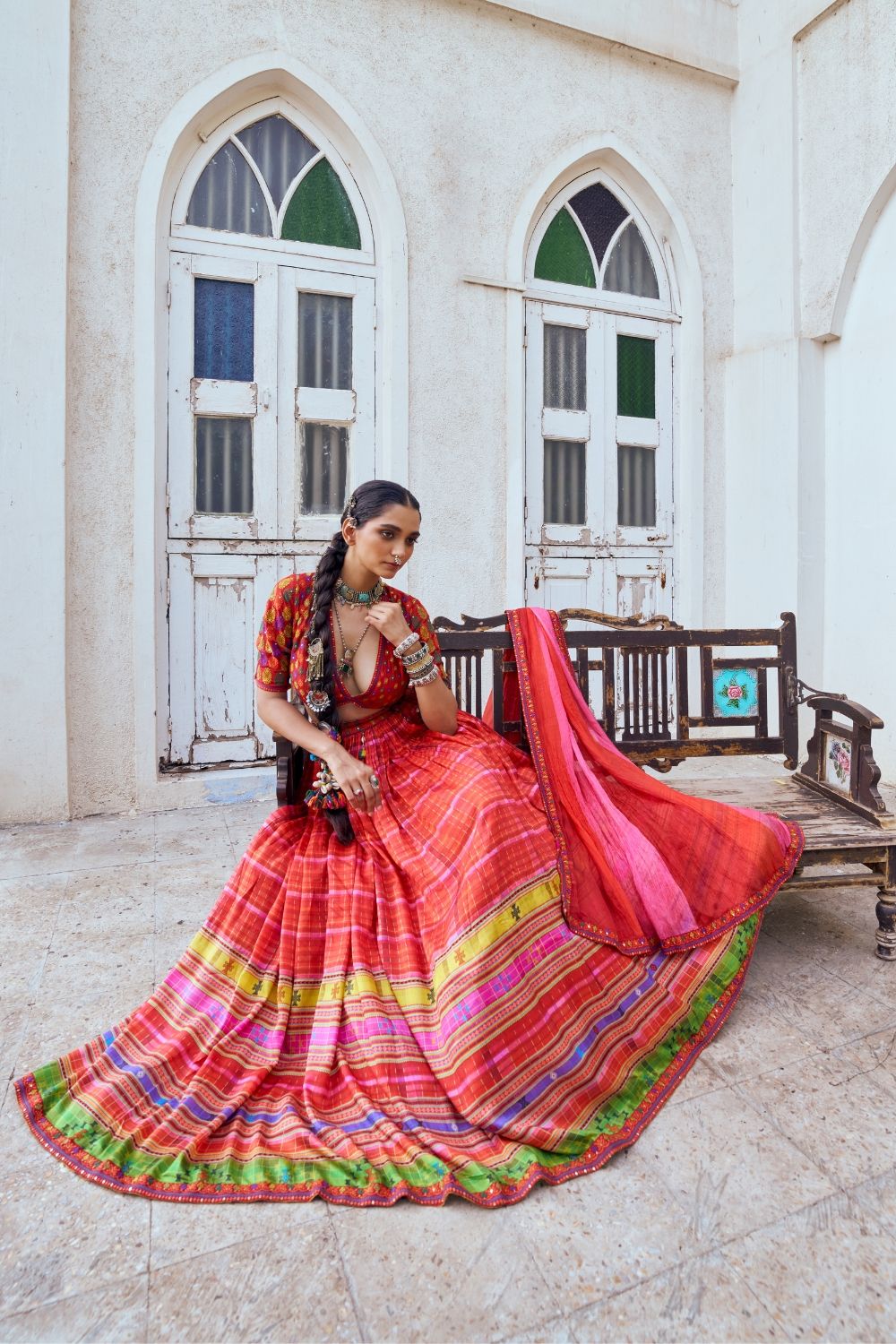 Rust silk lehenga choli with embroidery