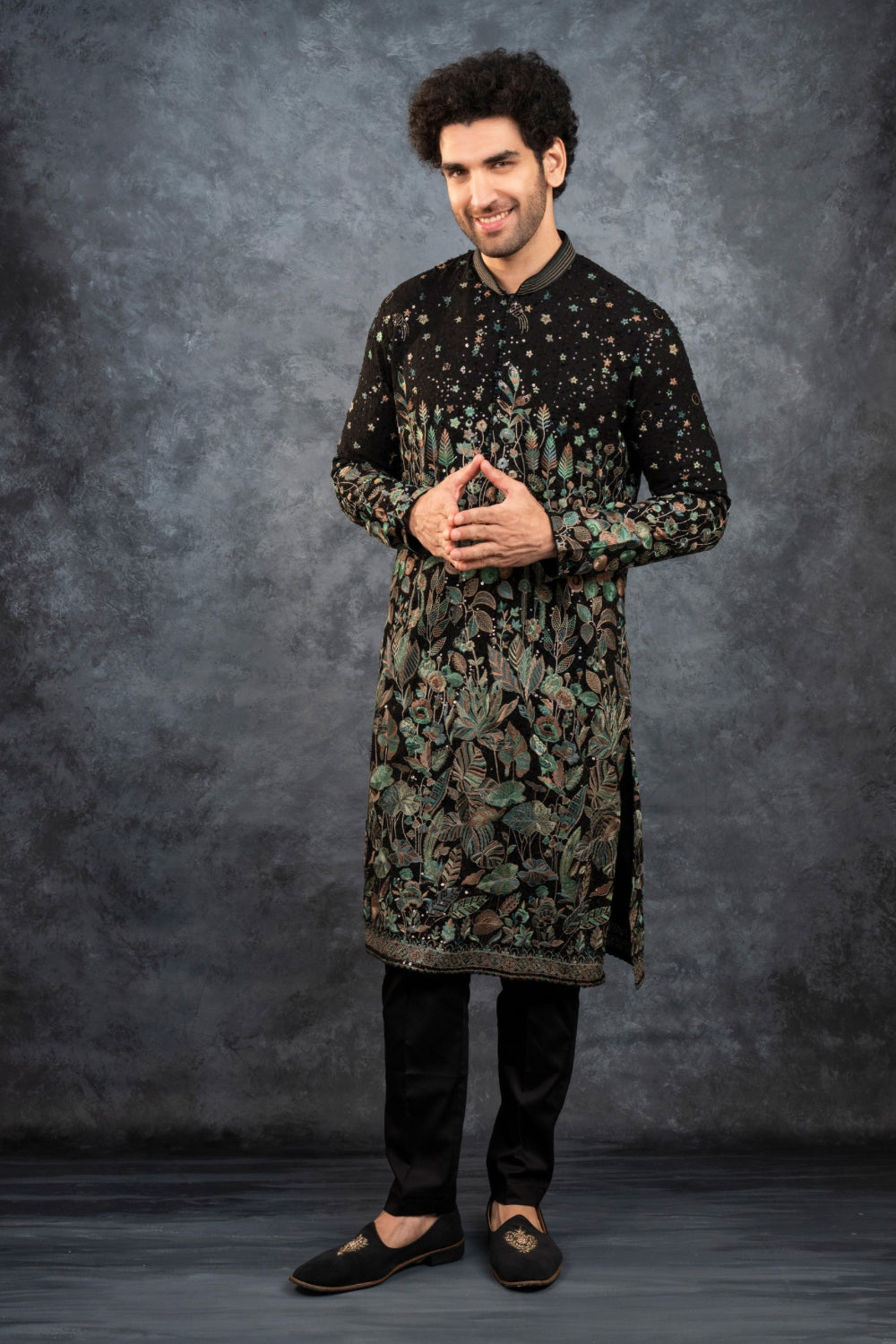 Black silk kurta set with multicolour resham embroidery and sequins work