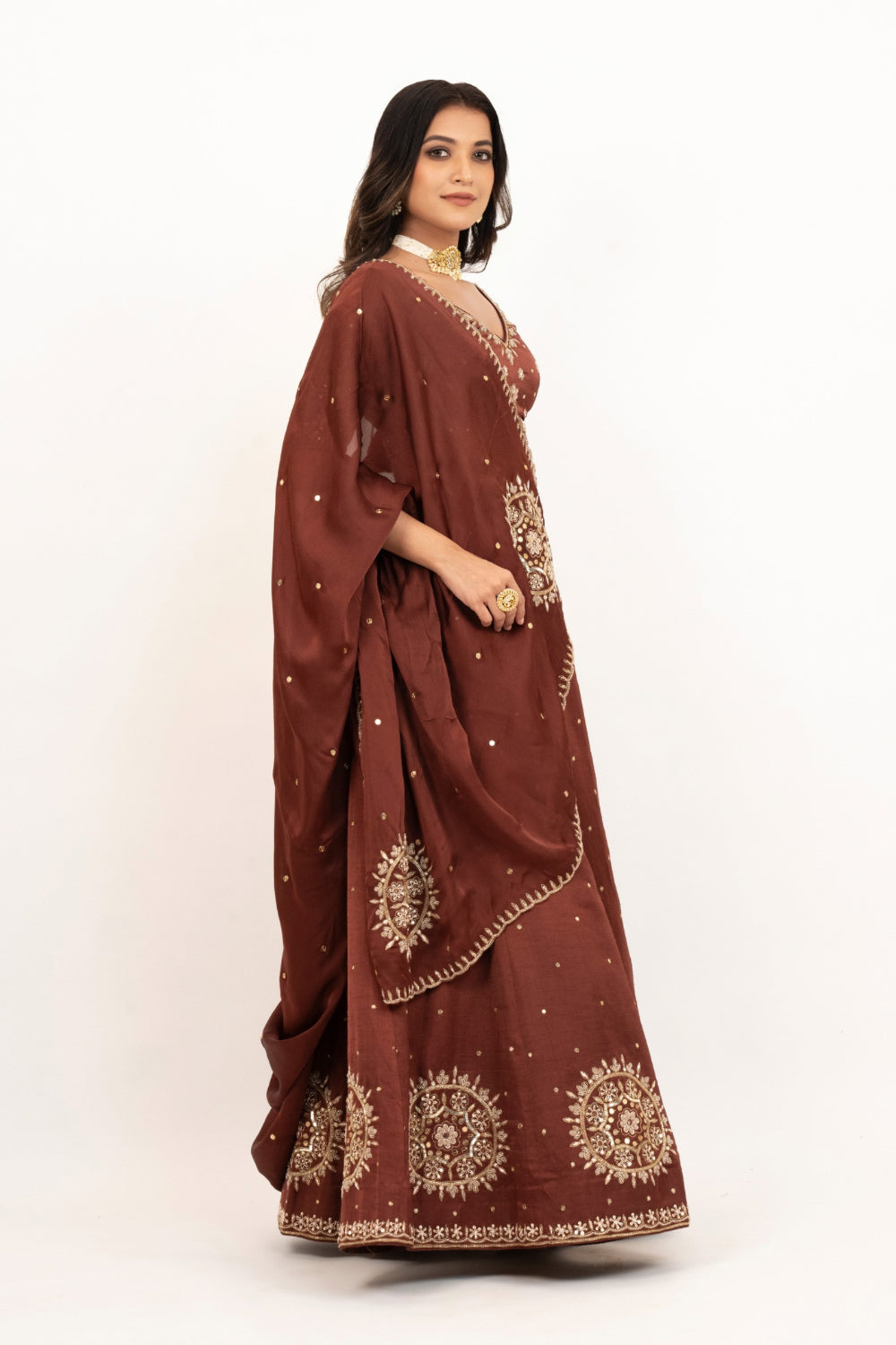 Brown soft silk zardozi embroidered lehenga choli with hand cut dana