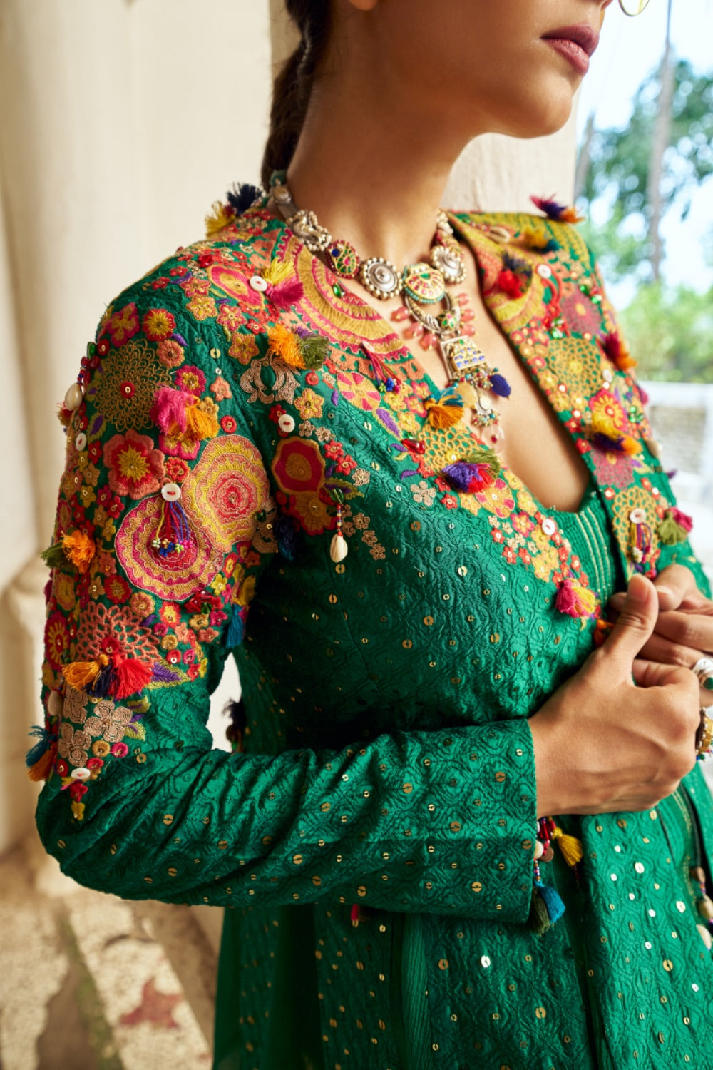 Dark Green silk Indo Western with multicolour threadwork