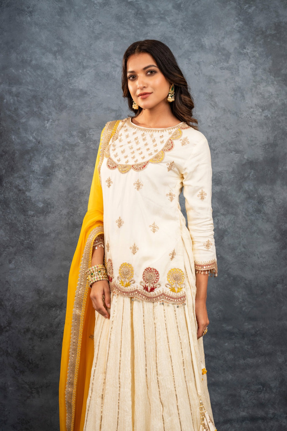 Cream crush silk zardozi embroidered Indo-western with gota pat