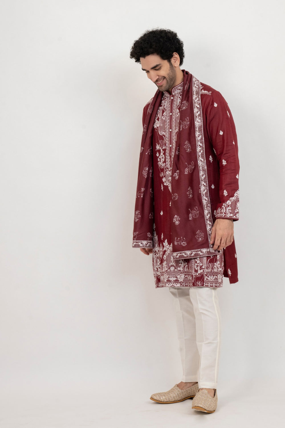 Burgandy resham embroidered malai silk kurta set with sequin and stone work