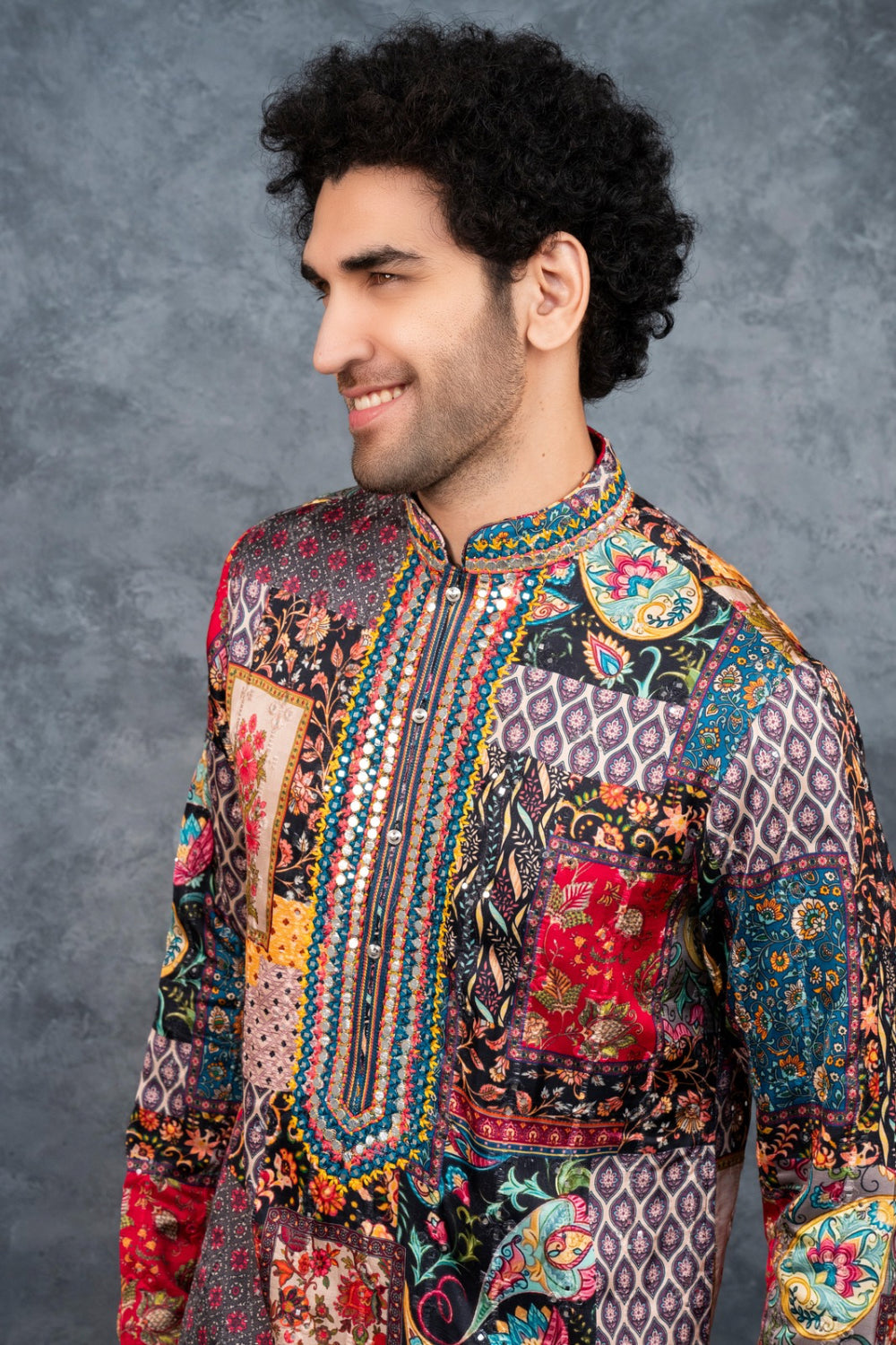 Multicolour splendid silk kurta set with resham embroidery and mirror work