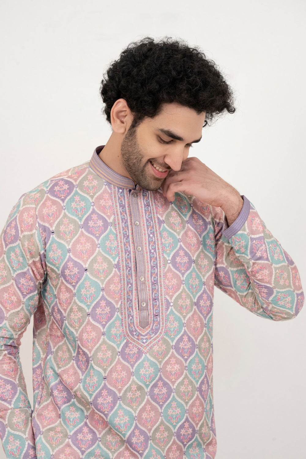 Multicolour lucknowi position print kurta set with mirror and thread work on yoke