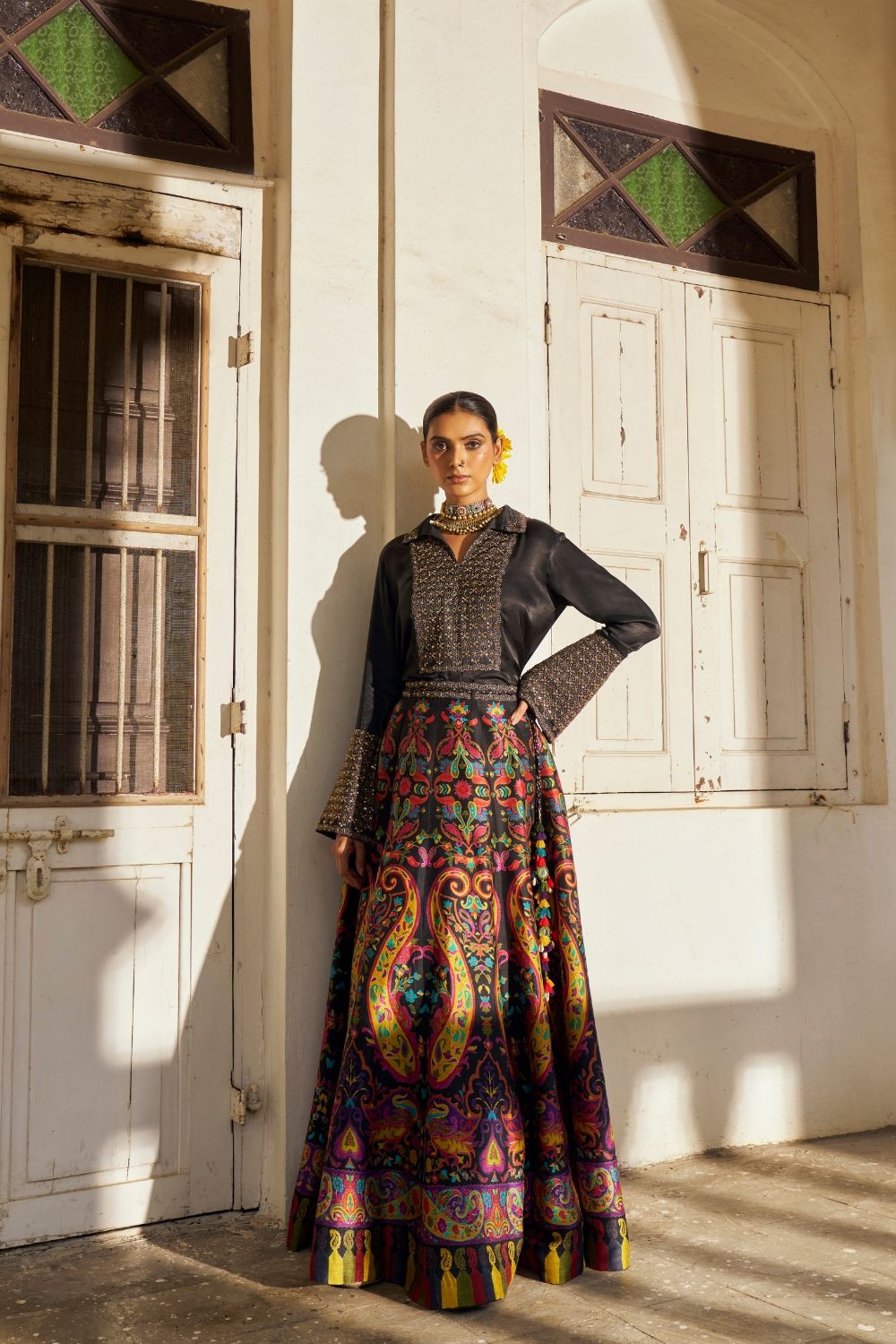 Multicolour printed silk lehenga choli