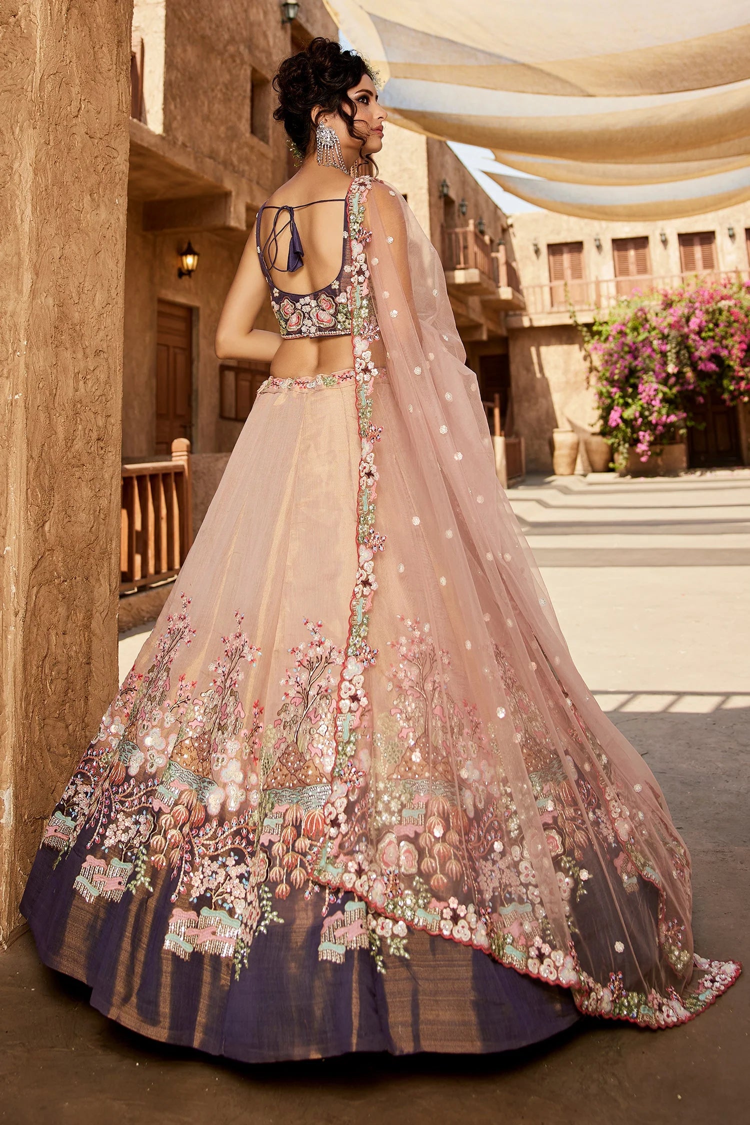 Peach Net Lehenga with Floral Embroidery & Sequin Detailing