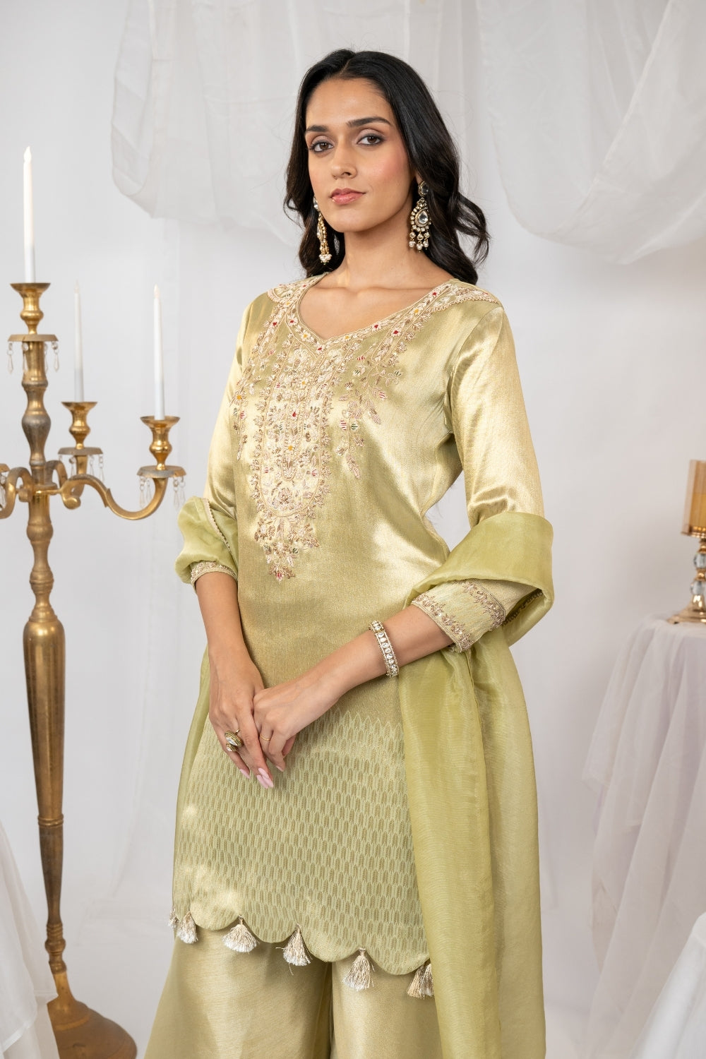 Pista Green Tissue Suit Set with Sequins and Zardosi Work