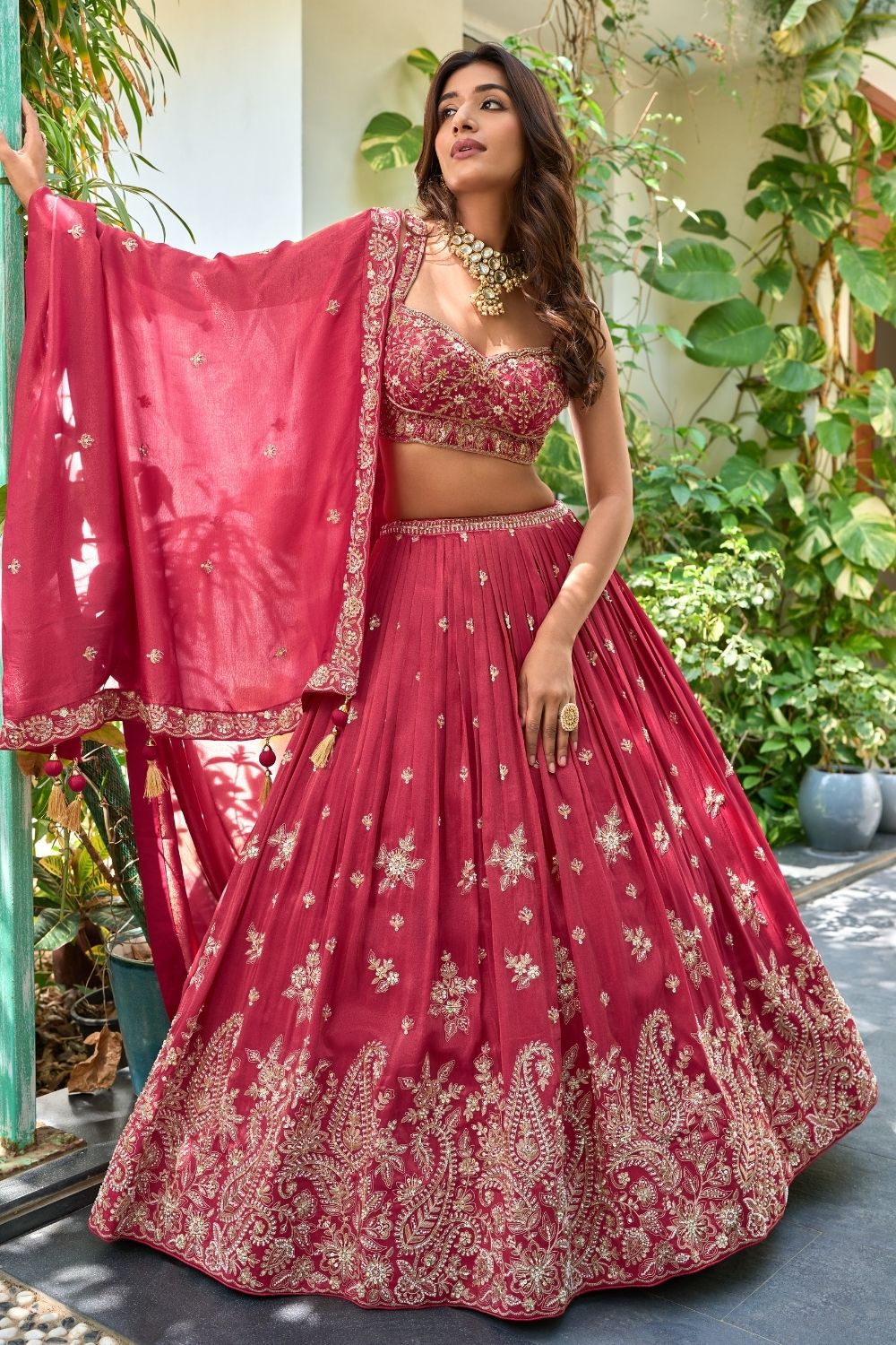 Cherry Silk Lehenga Choli with Deep Sweetheart Neck