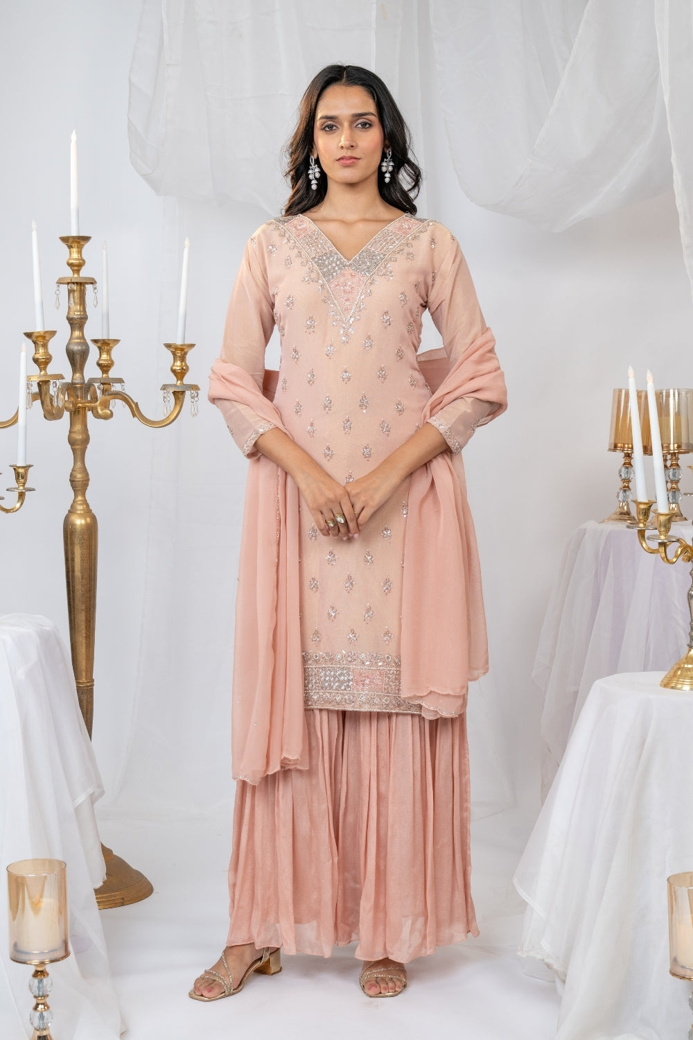 Light Peach Suit Set with Cutdana and Moti Work